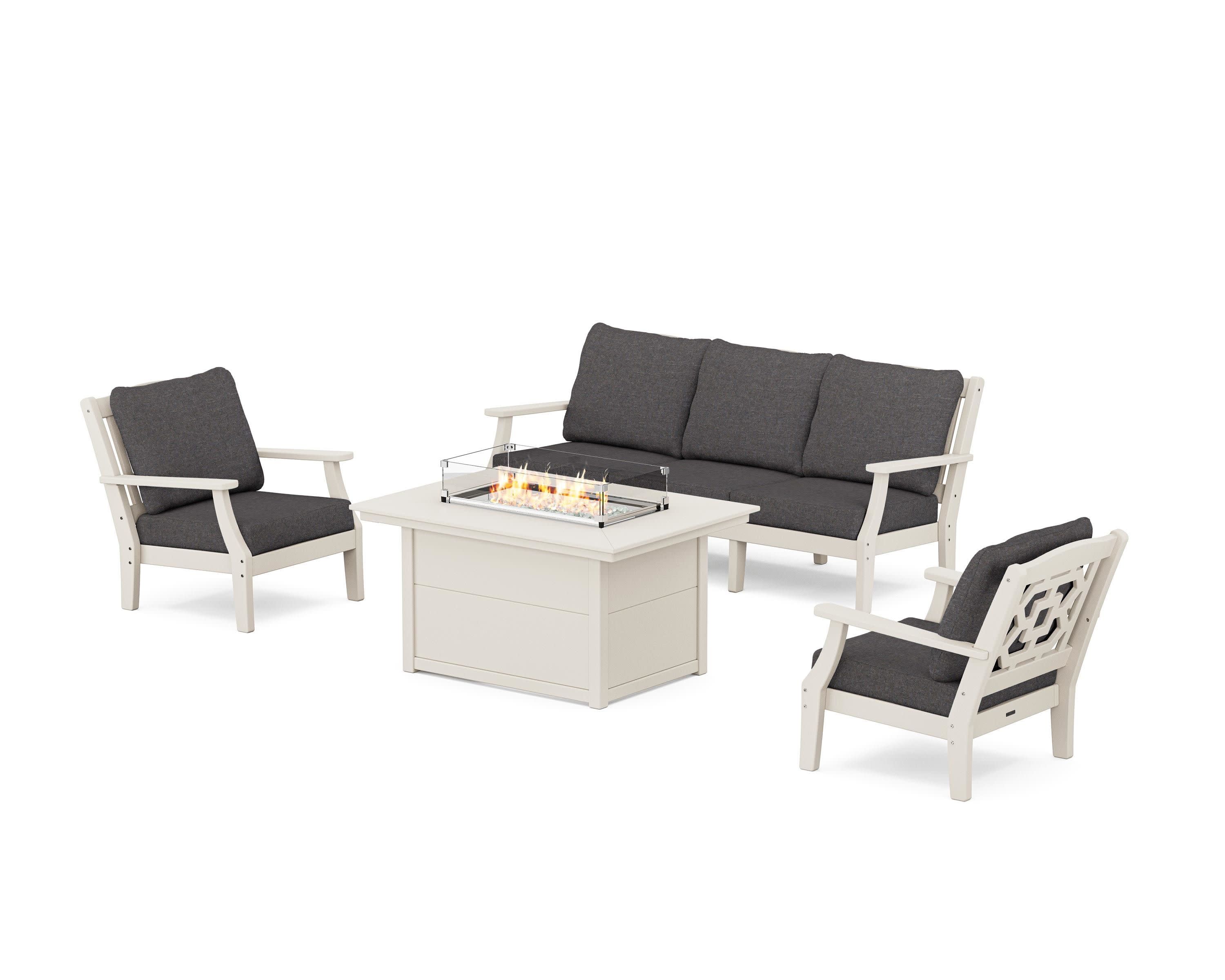 Chinoiserie Deep Seating Fire Pit Table Set in Sand / Ash Charcoal