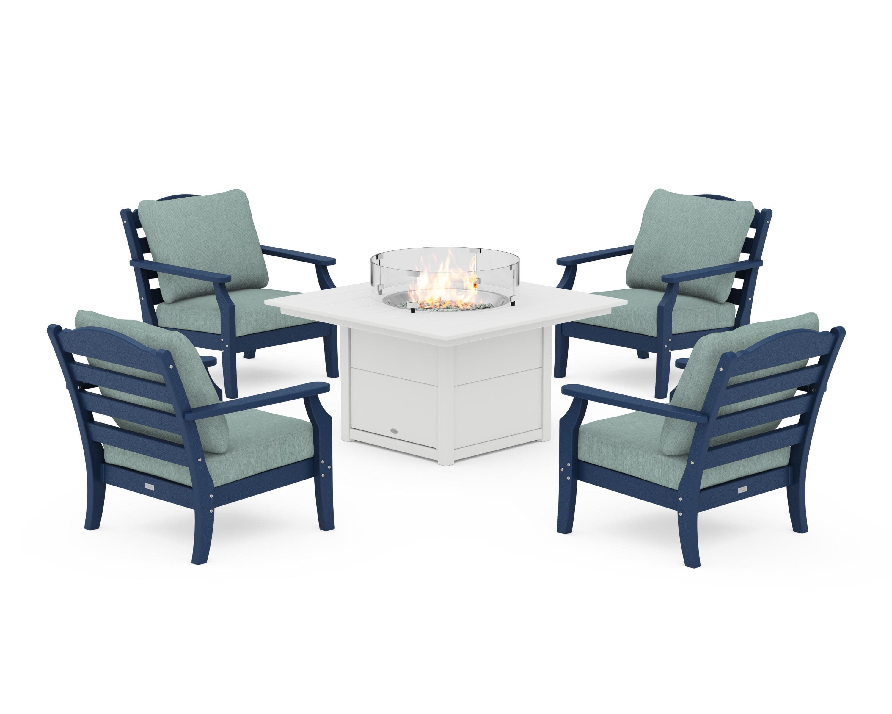 Savannah 5-Piece Deep Seating Set with Fire Pit Table in Navy / Glacier Spa
