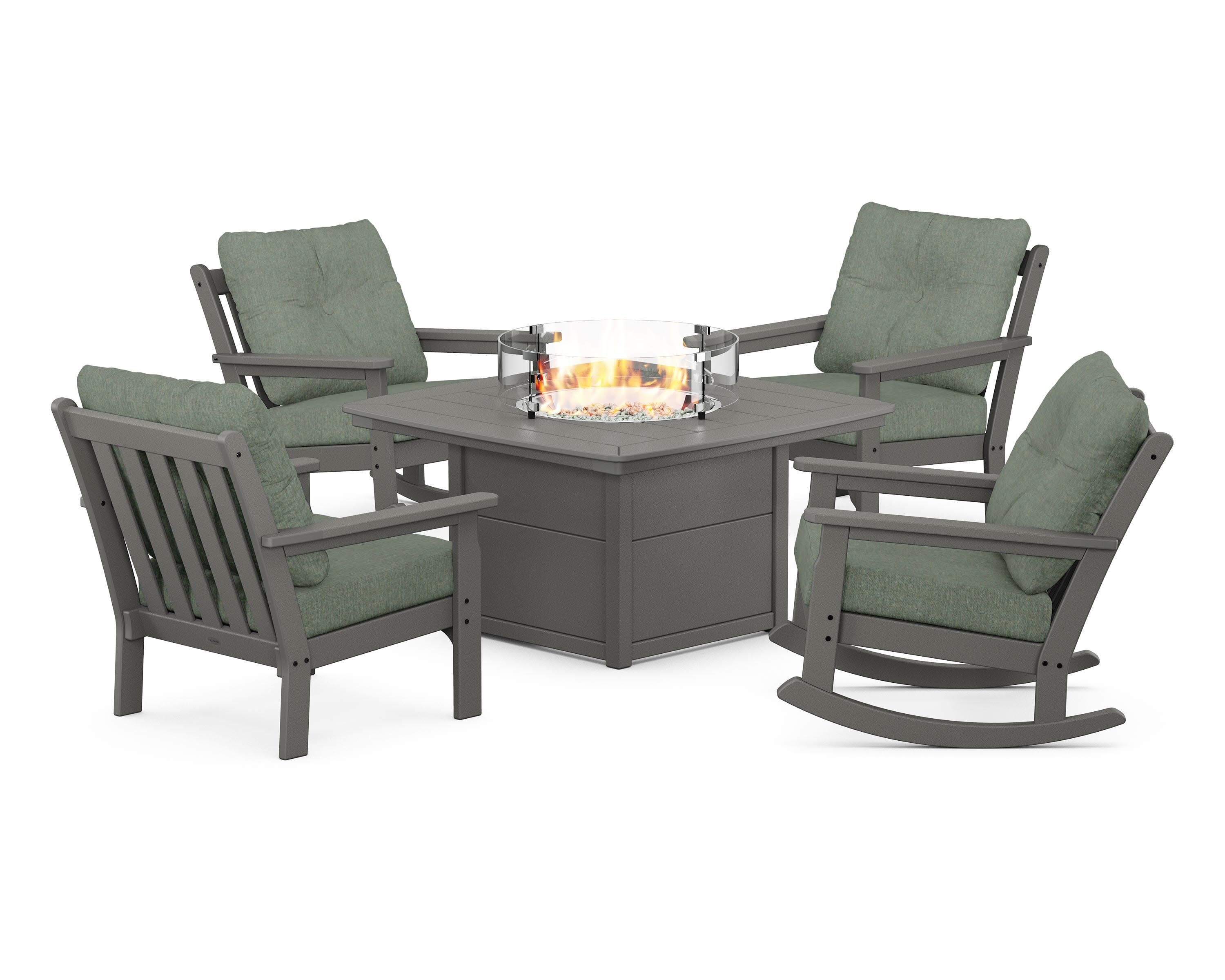 Vineyard 5-Piece Deep Seating Rocking Chair Conversation Set with Fire Pit Table in Slate Grey / Cast Sage