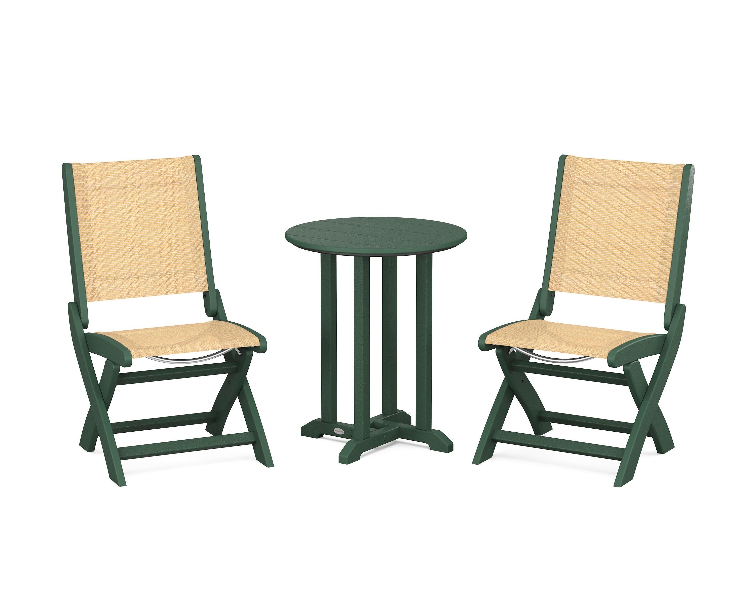 Coastal Folding Side Chair 3-Piece Round Bistro Dining Set in Green / Dupioni Apricot Sling