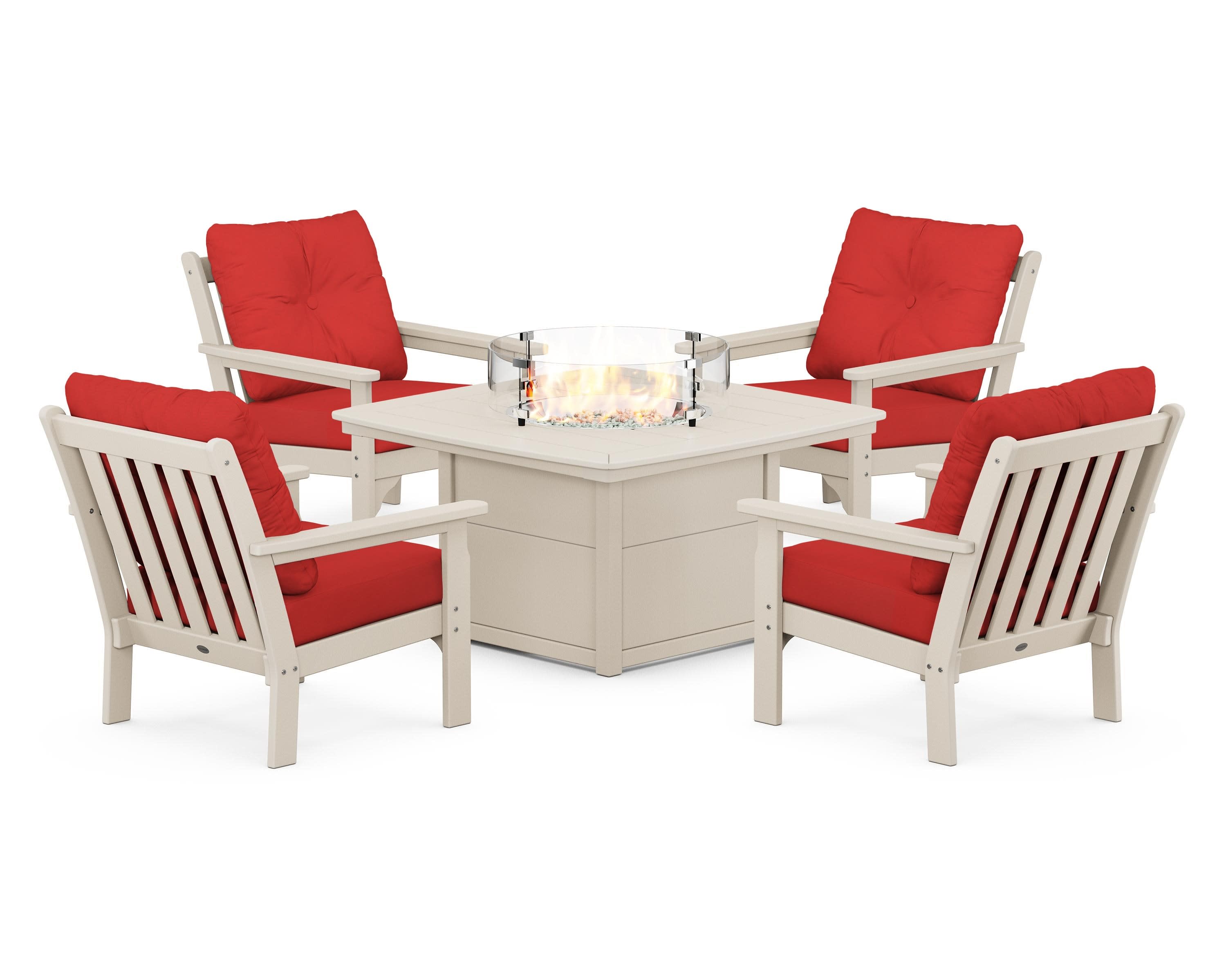 Vineyard 5-Piece Conversation Set with Fire Pit Table in Sand / Crimson Linen