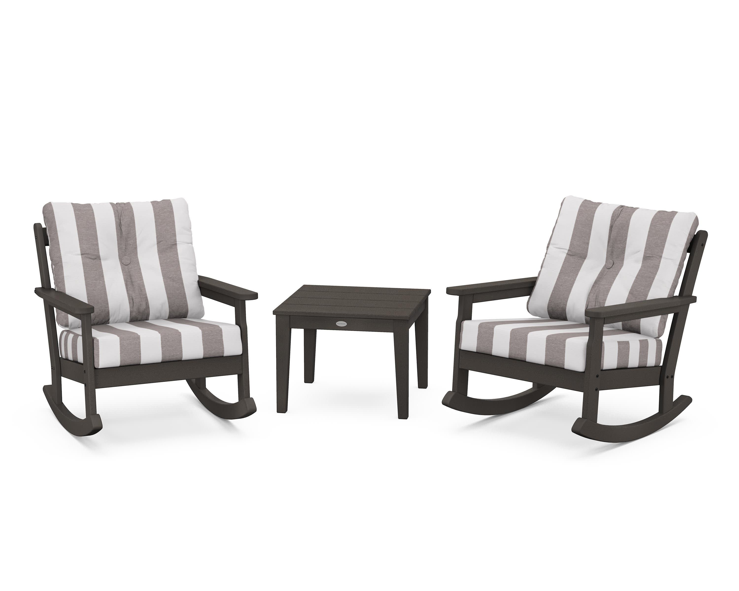 Vineyard 3-Piece Deep Seating Rocker Set in Vintage Coffee / Cabana Stripe Grey Mist