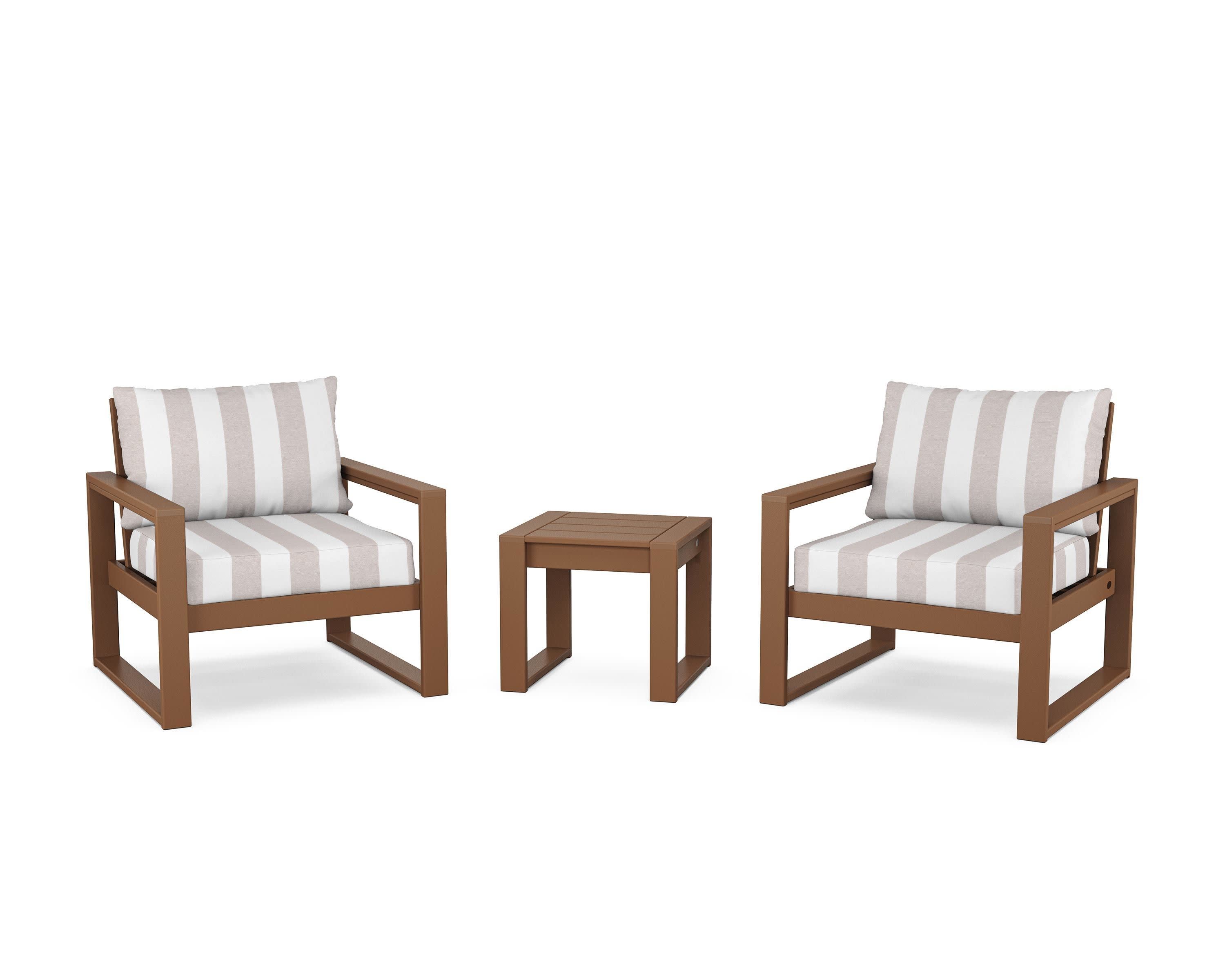 EDGE Sectional 3-Piece Deep Seating Set in Teak / Cabana Stripe Dune Burlap