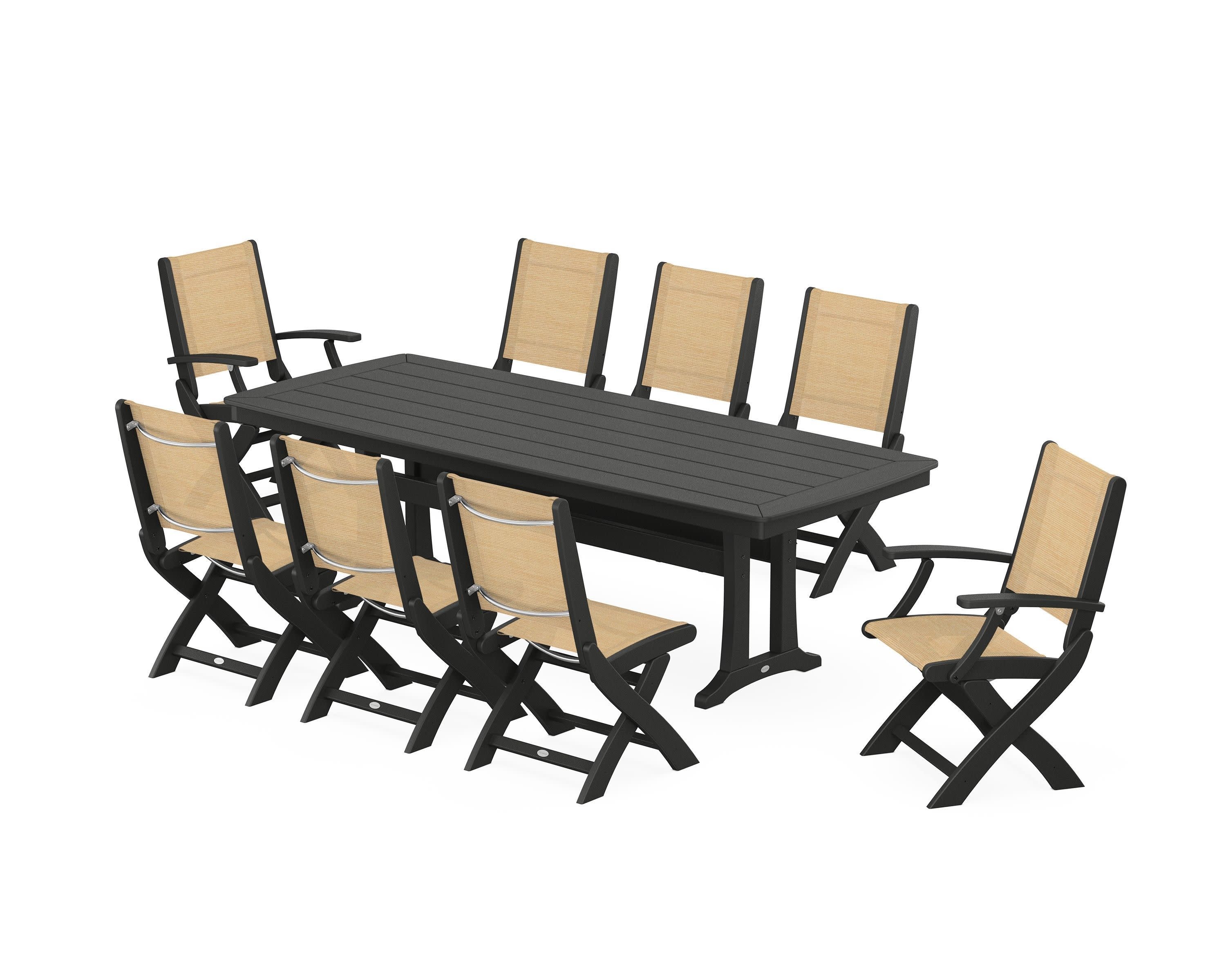 Coastal Folding 9-Piece Dining Set with Trestle Legs in Black / Dupioni Apricot Sling