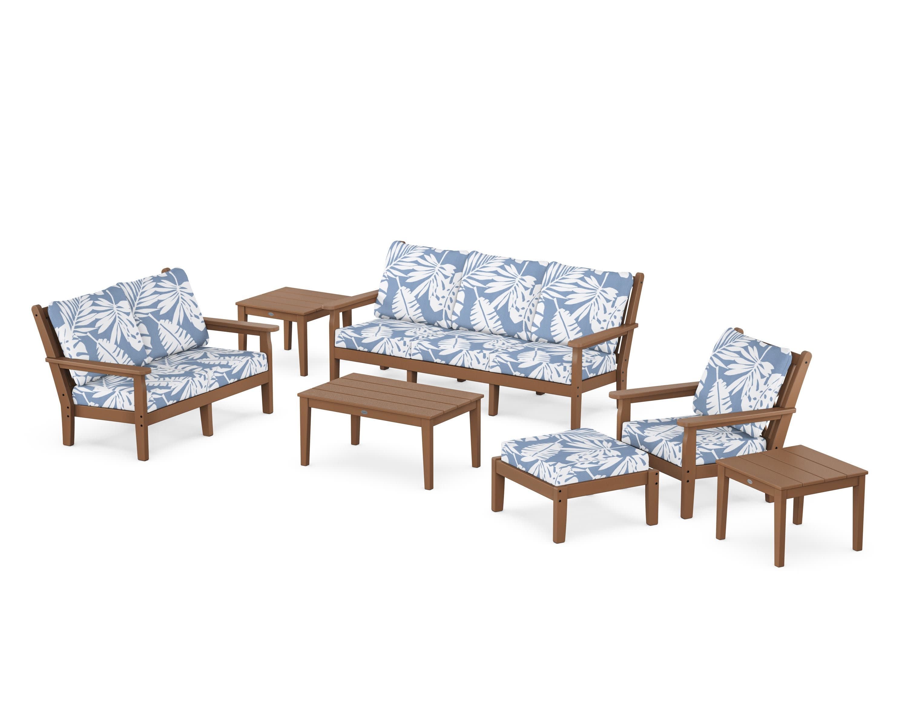 Chippendale 7-Piece Deep Seating Set in Teak / Leaf Sky Blue