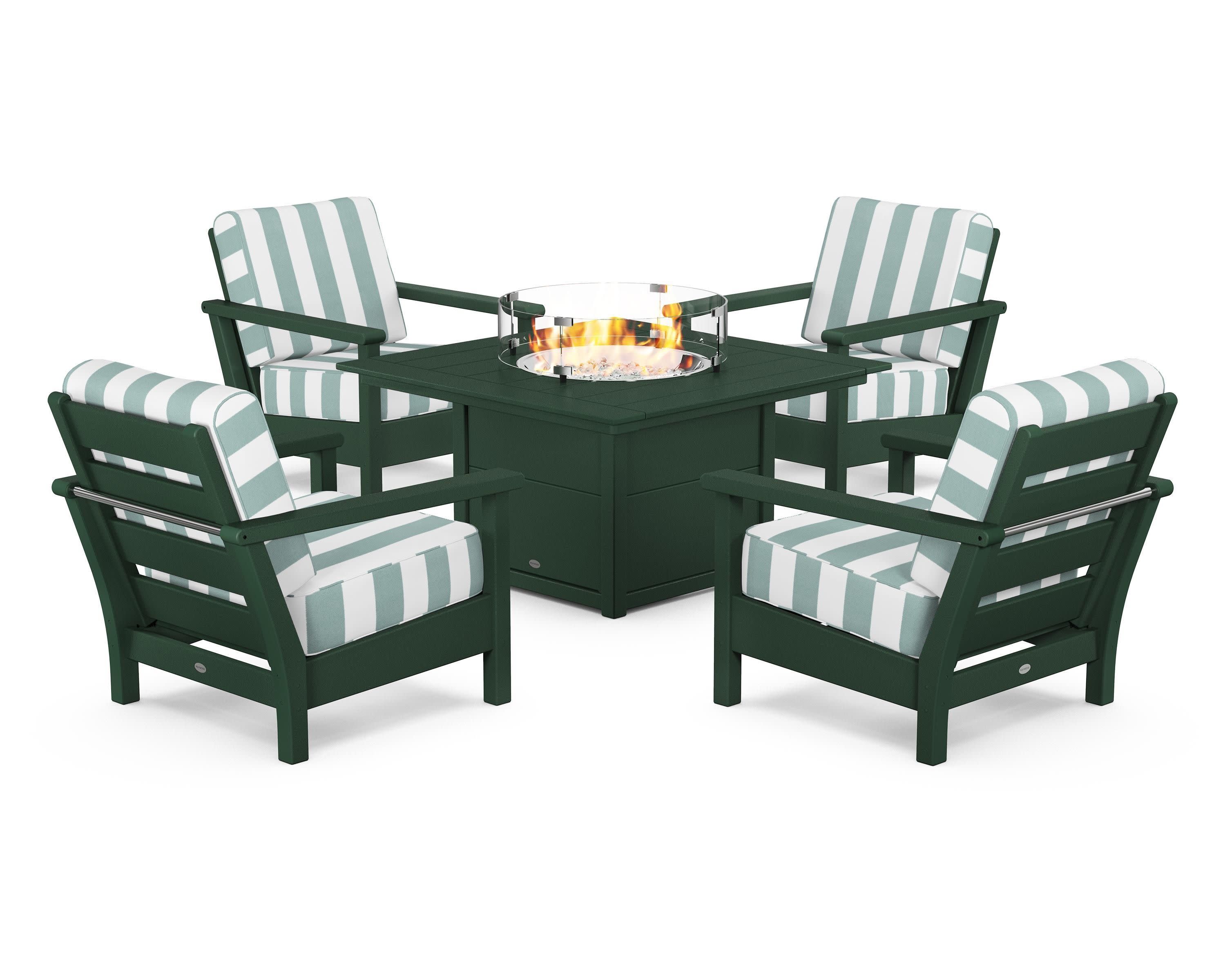 Harbour 5-Piece Conversation Set with Fire Pit Table in Green / Cabana Stripe Glacier Spa