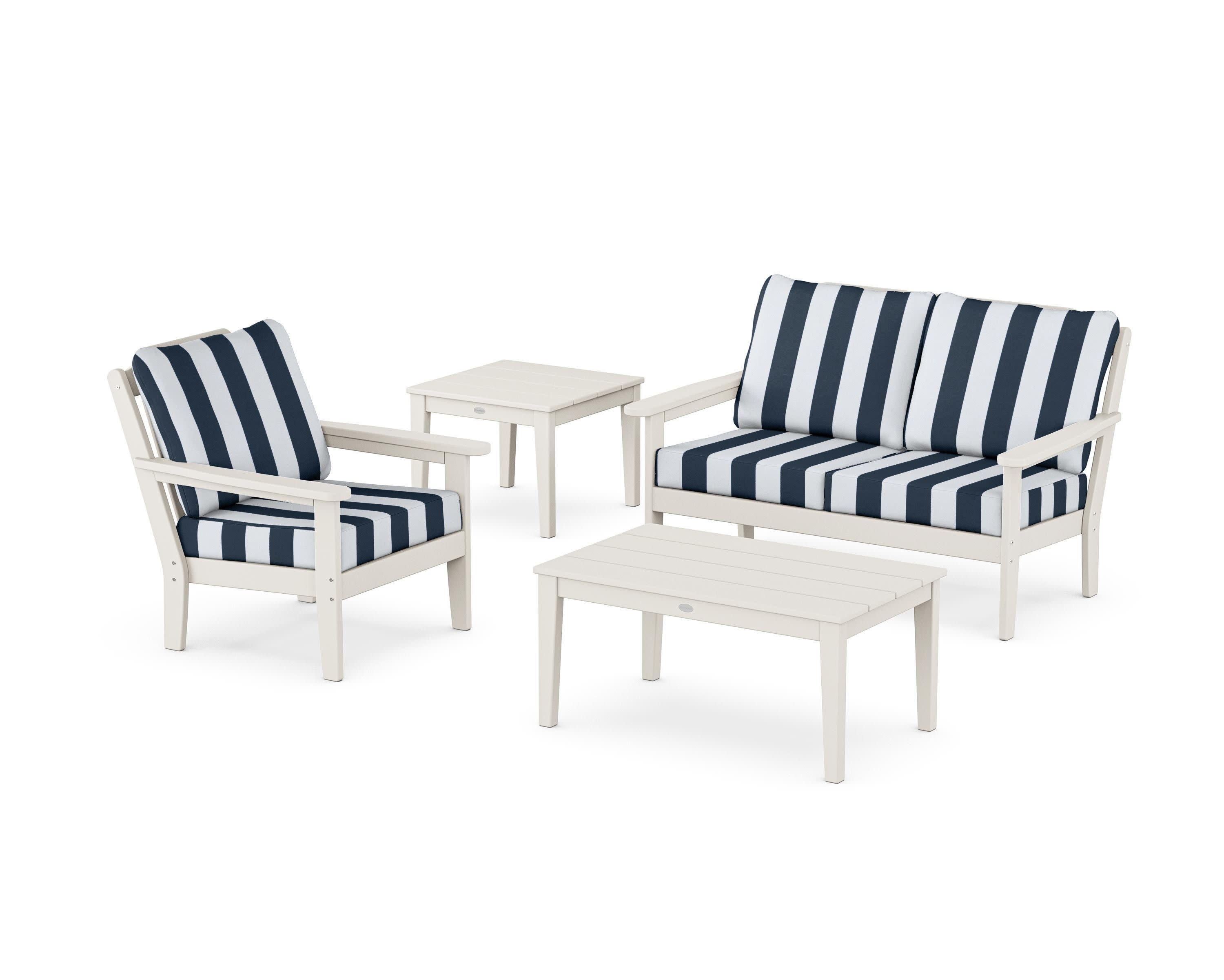Wovendale 4-Piece Deep Seating Set in Sand / Cabana Stripe Marine Indigo