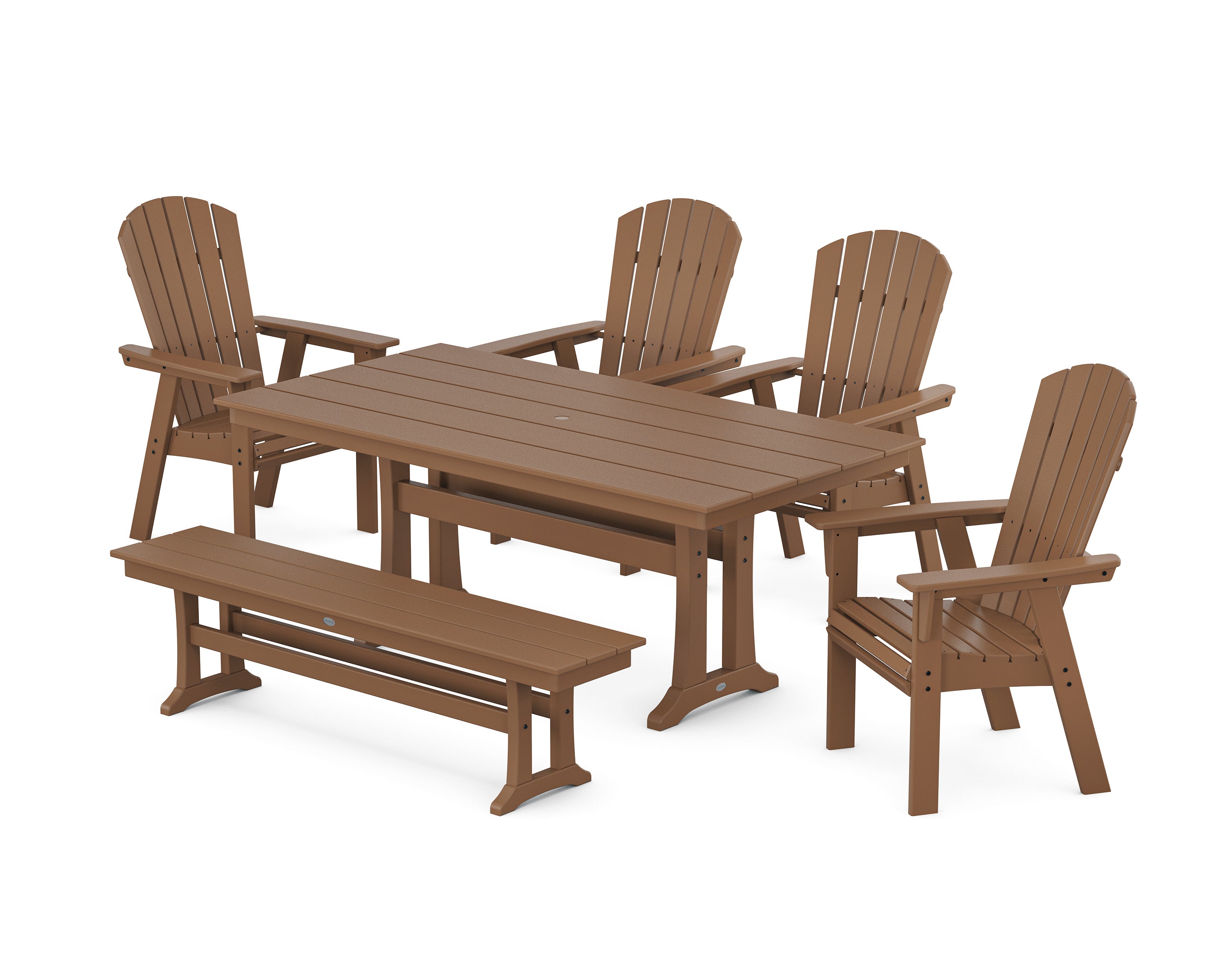 Nautical Curveback Adirondack 6-Piece Farmhouse Dining Set with Trestle Legs and Bench in Teak