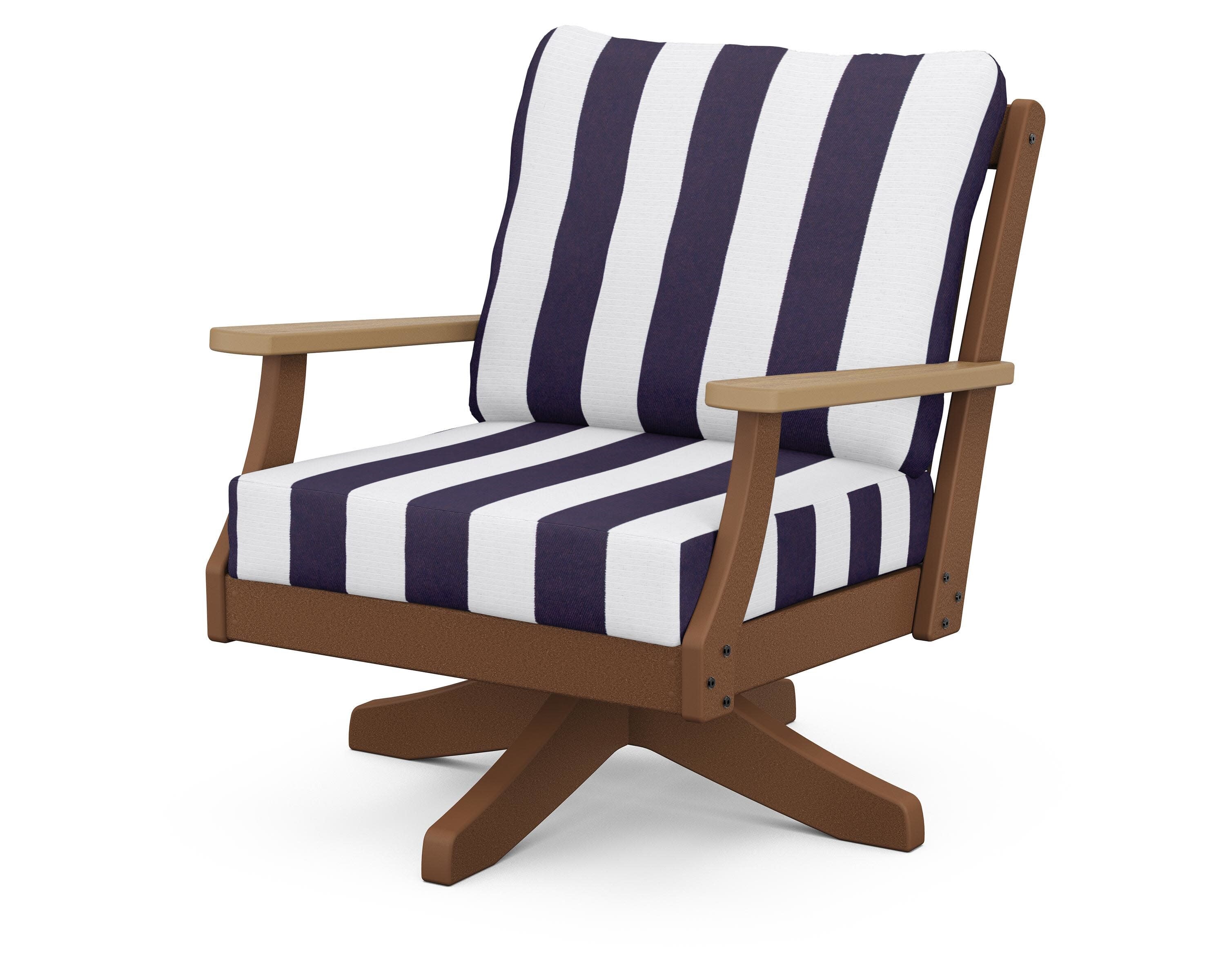 Braxton Deep Seating Swivel Chair in Teak / Natural / Cabana Stripe Navy