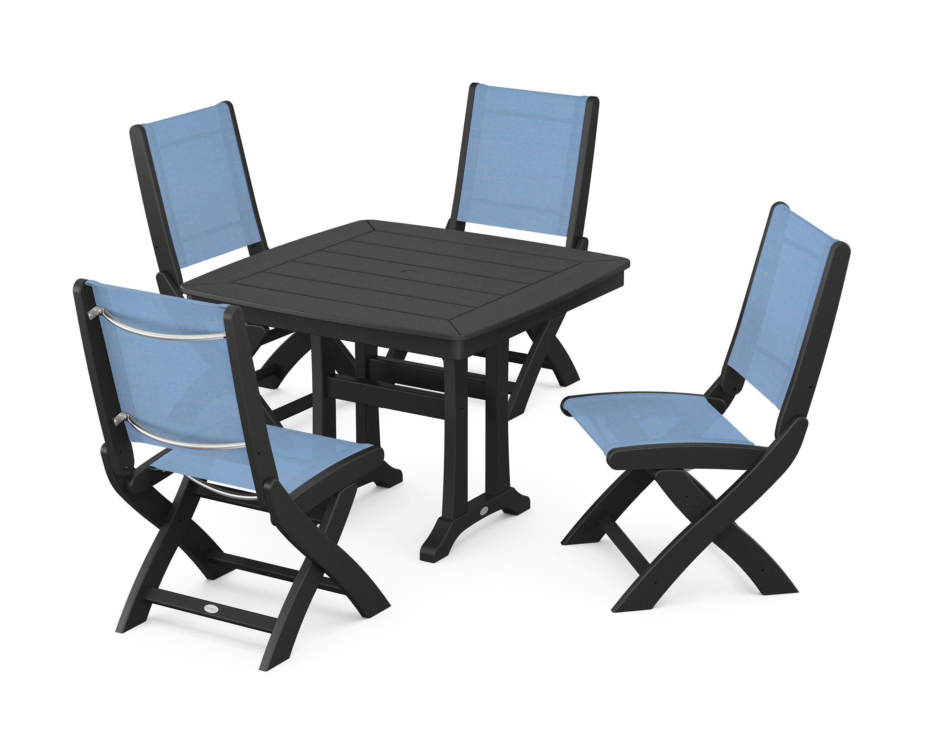 Coastal Folding Side Chair 5-Piece Dining Set with Trestle Legs in Black / Poolside Sling