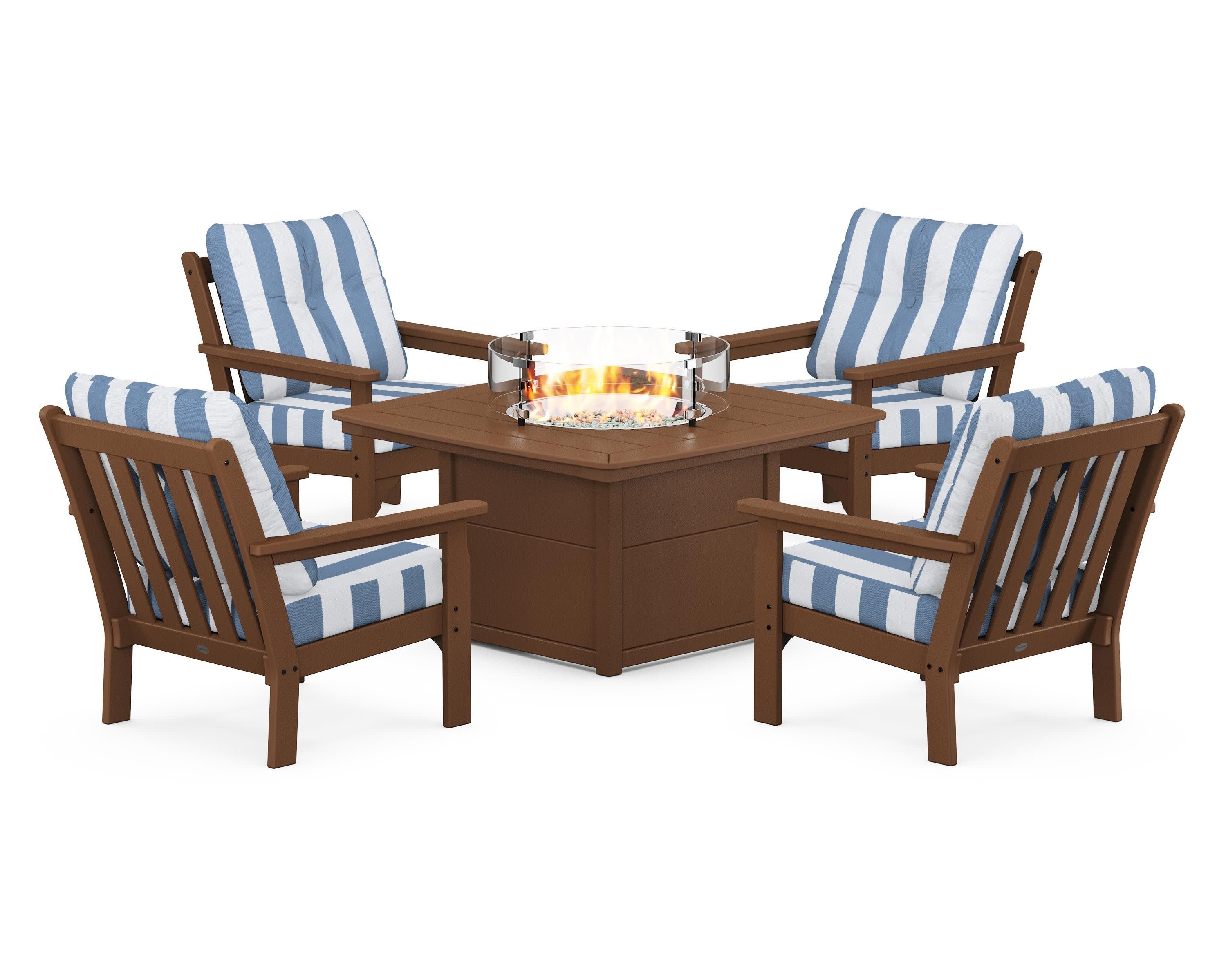 Vineyard 5-Piece Conversation Set with Fire Pit Table in Teak / Cabana Stripe Sky Blue