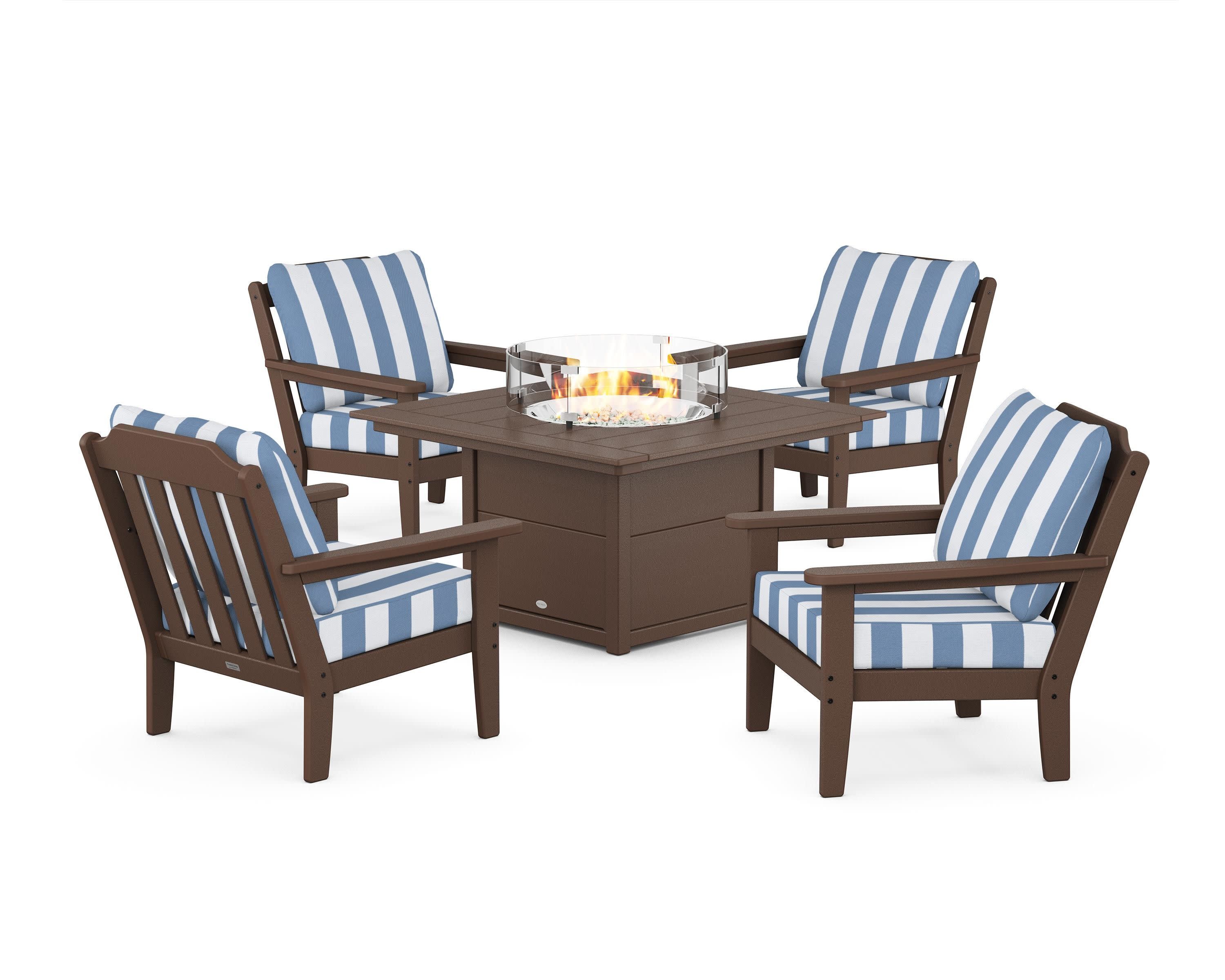 Cottage 5-Piece Deep Seating Set with Fire Pit Table in Mahogany / Cabana Stripe Sky Blue