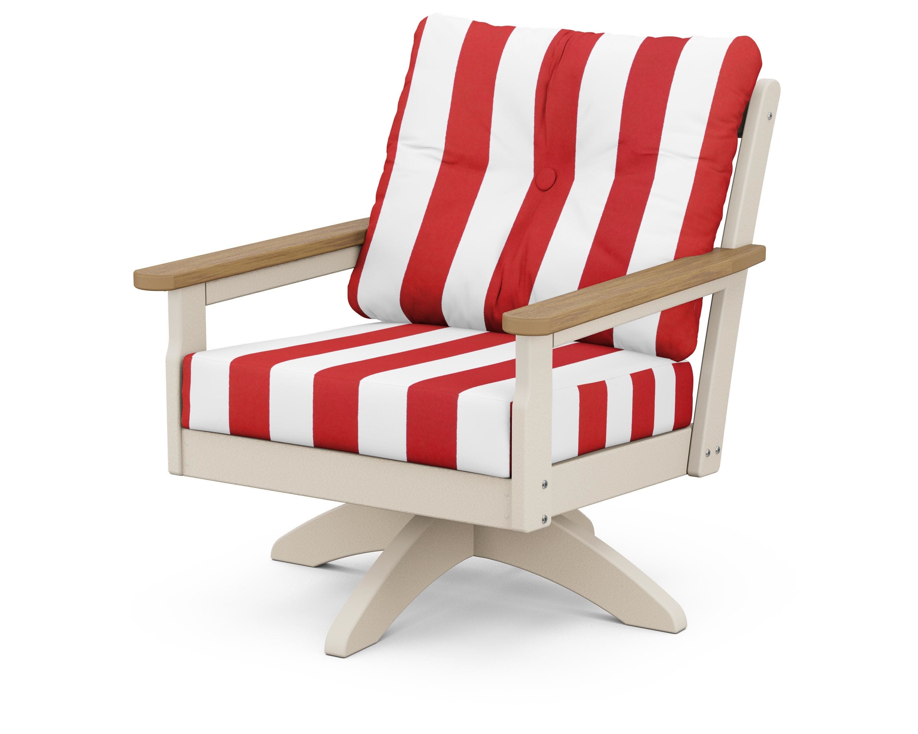 Vineyard Deep Seating Swivel Chair in Sand / Natural / Cabana Stripe Crimson