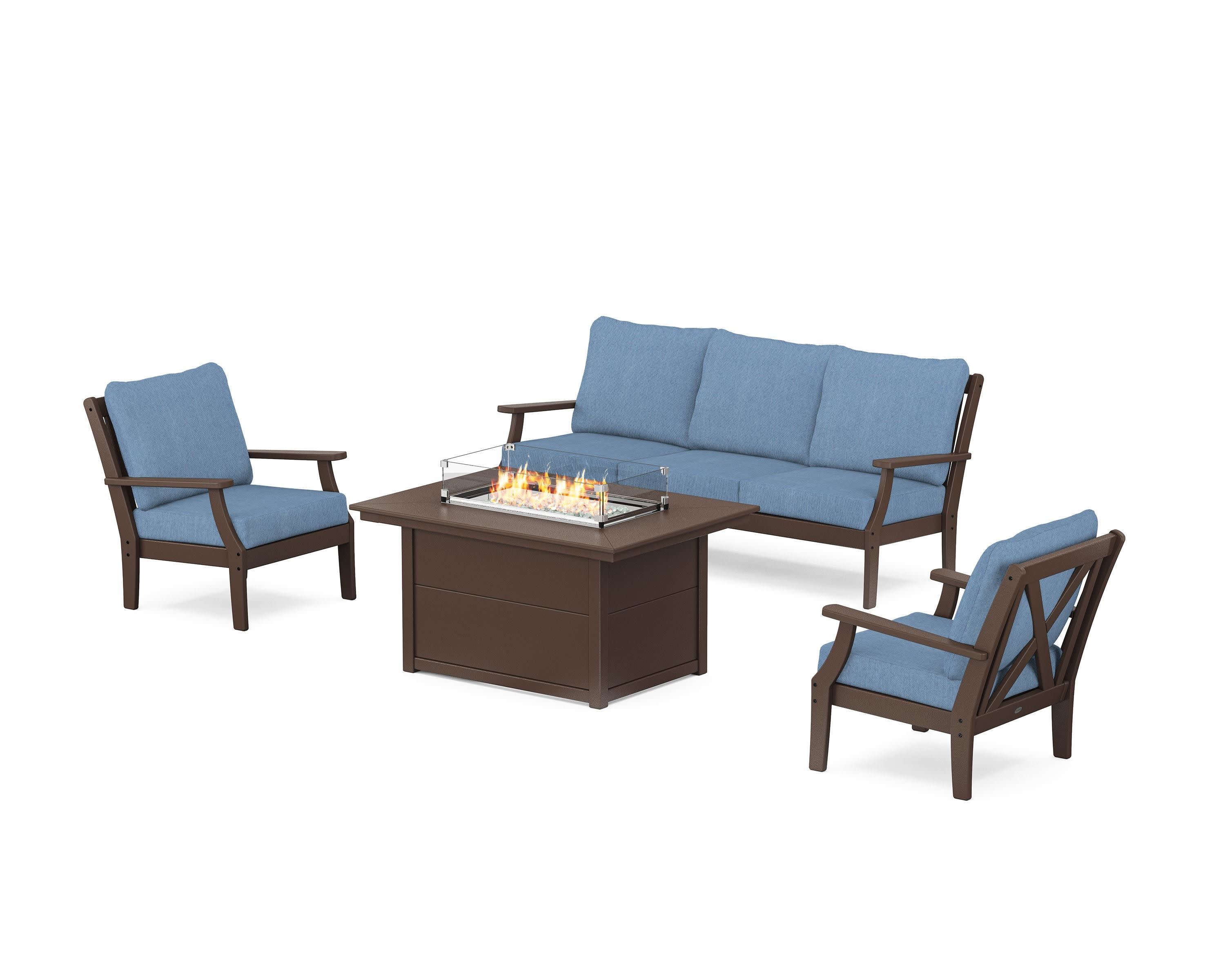 Braxton Deep Seating Fire Pit Table Set in Mahogany / Sky Blue
