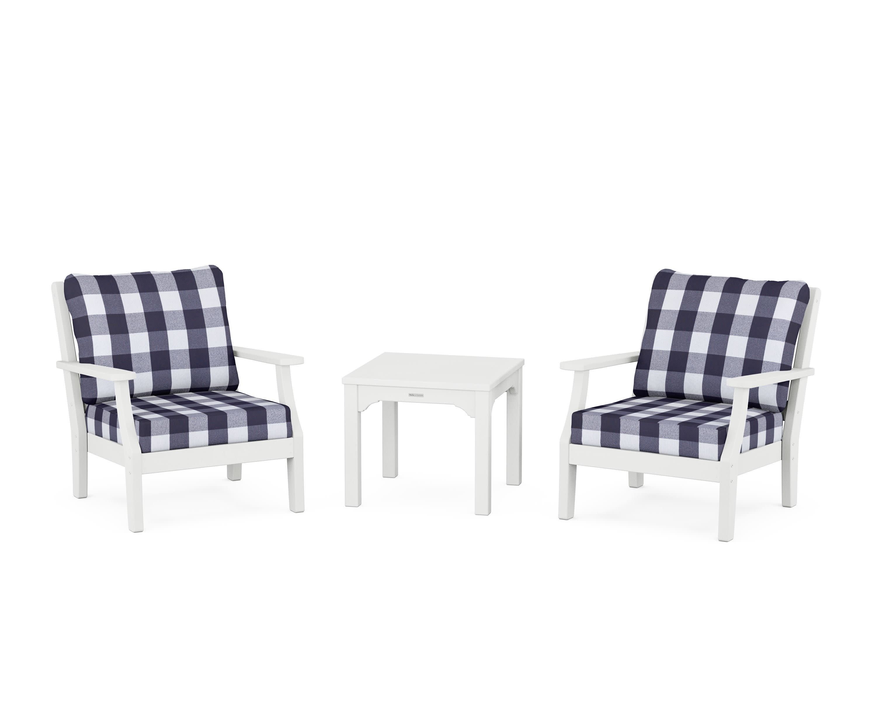 Chinoiserie 3-Piece Deep Seating Set in White / Buffalo Plaid Navy