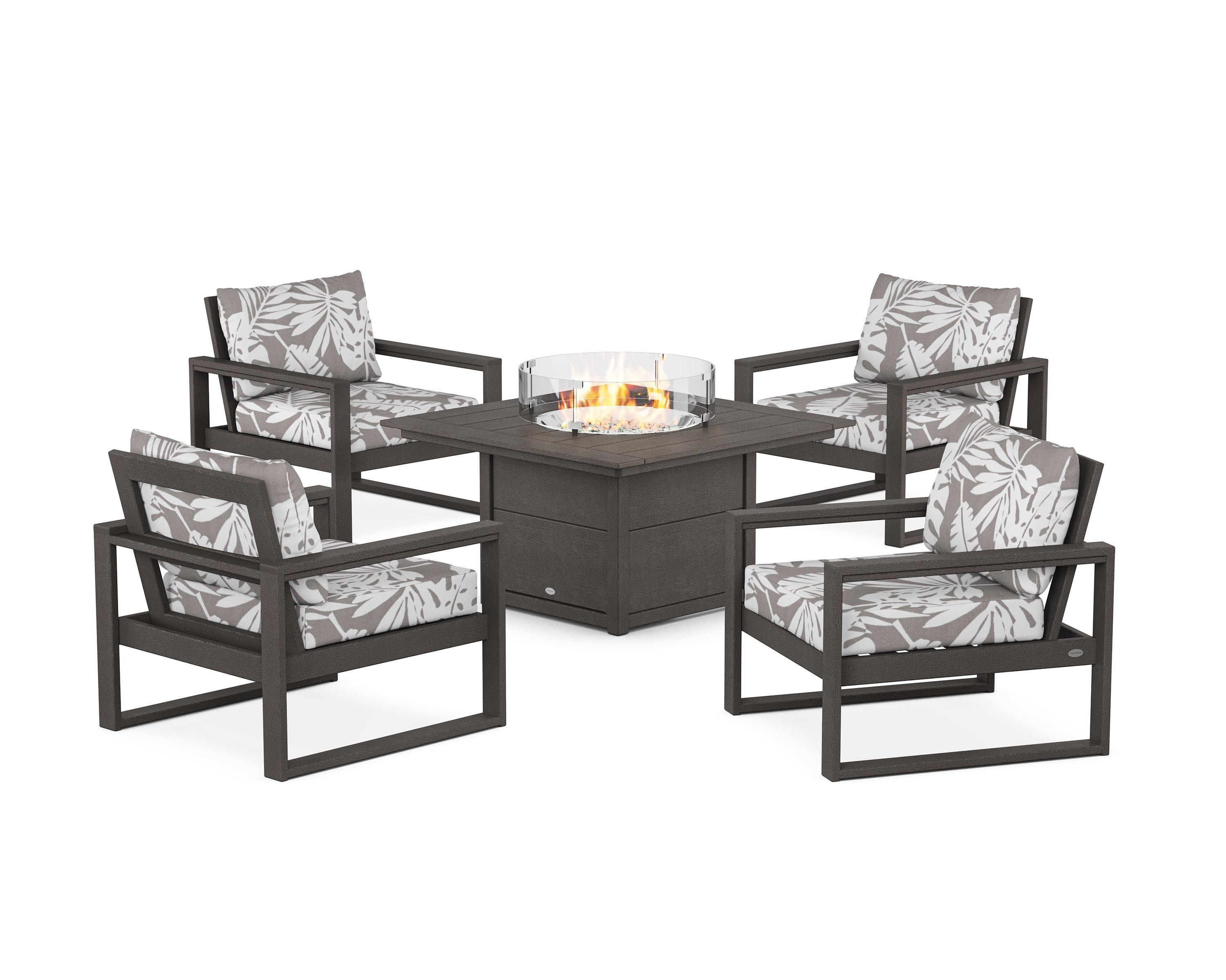 EDGE Sectional 5-Piece Deep Seating Set with Fire Pit Table in Vintage Coffee / Leaf Grey Mist