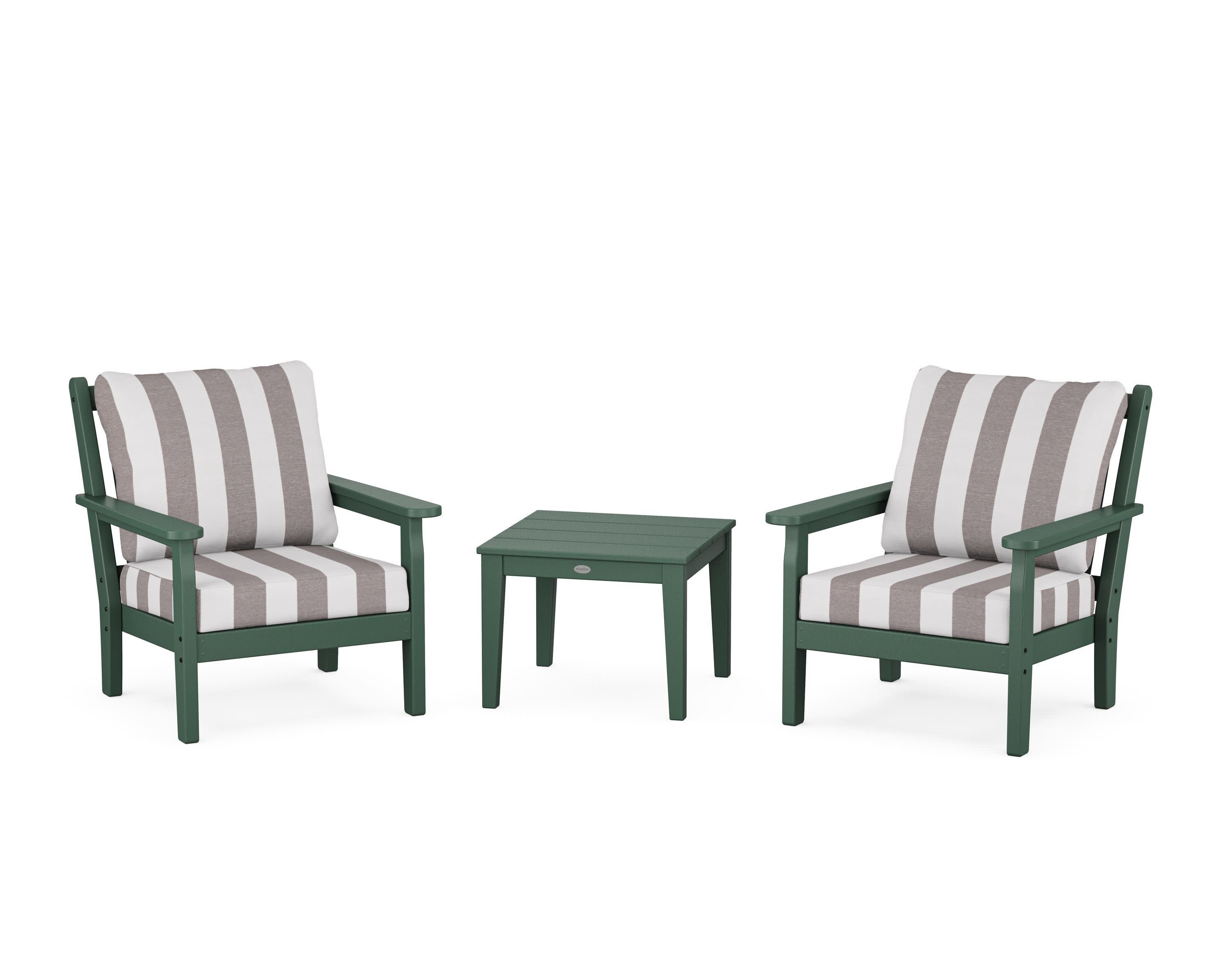 Chippendale 3-Piece Deep Seating Set in Green / Cabana Stripe Grey Mist