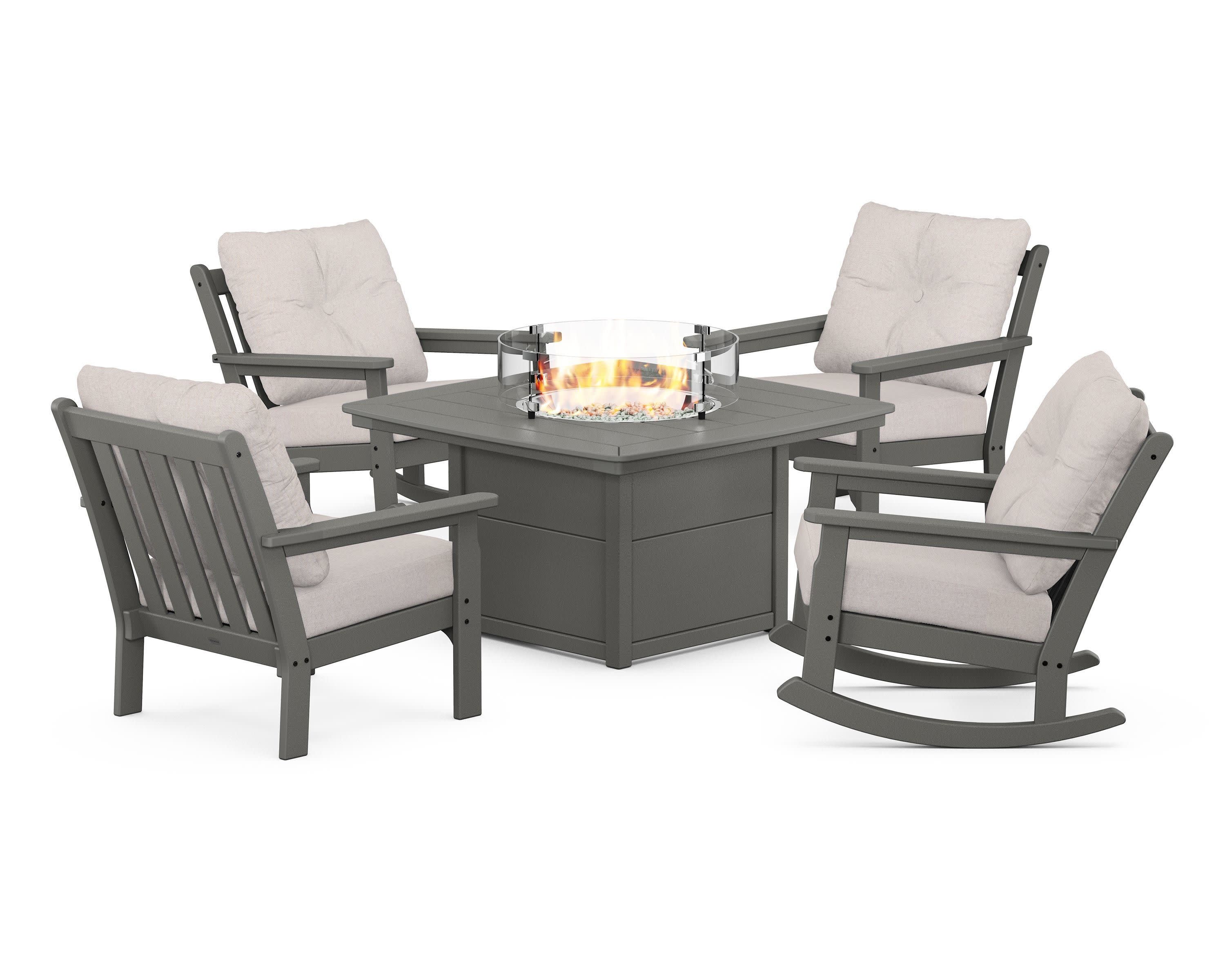 Vineyard 5-Piece Deep Seating Rocking Chair Conversation Set with Fire Pit Table in Slate Grey / Dune Burlap