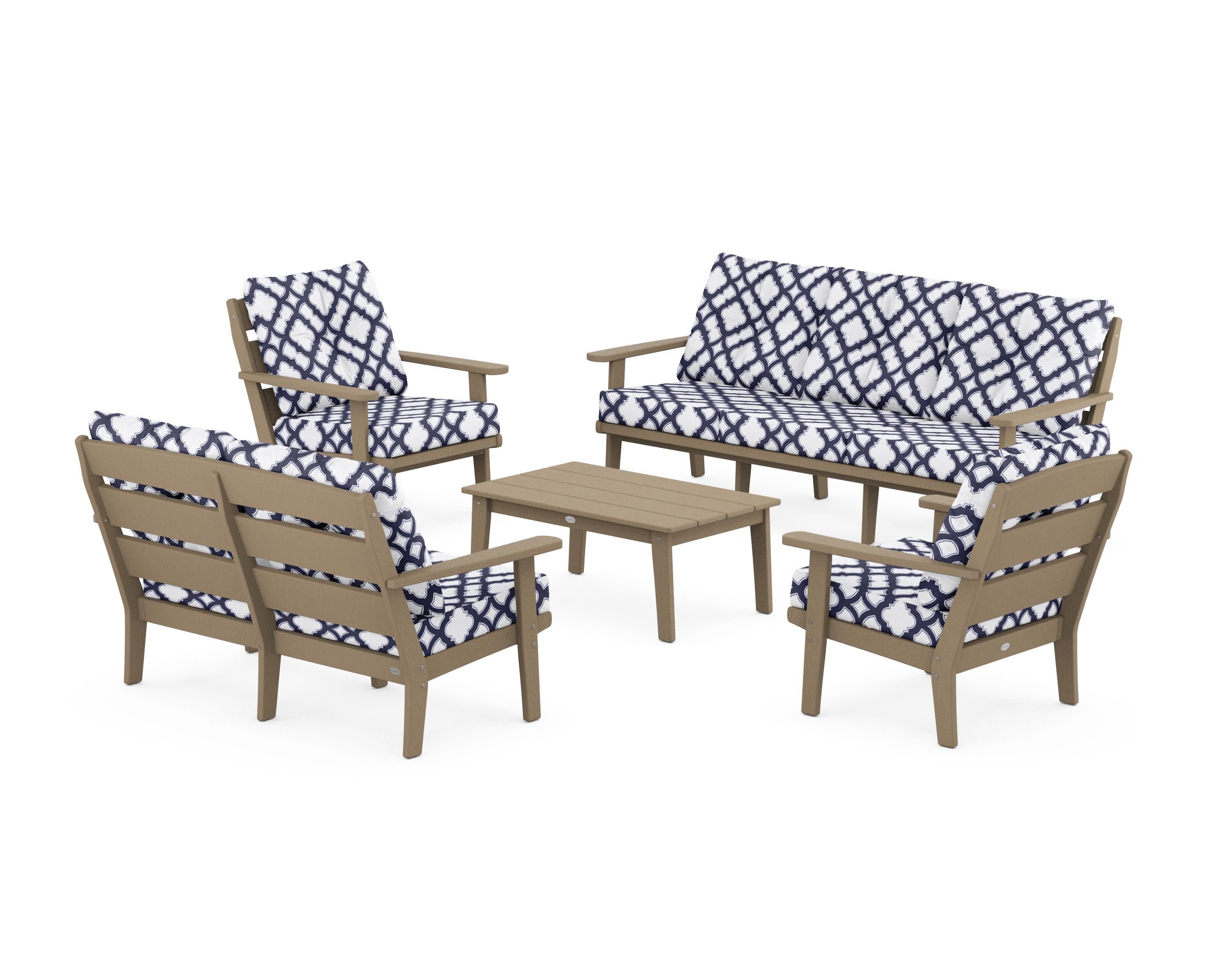 Lakeside 5-Piece Lounge Sofa Set in Vintage Sahara / Trellis Navy