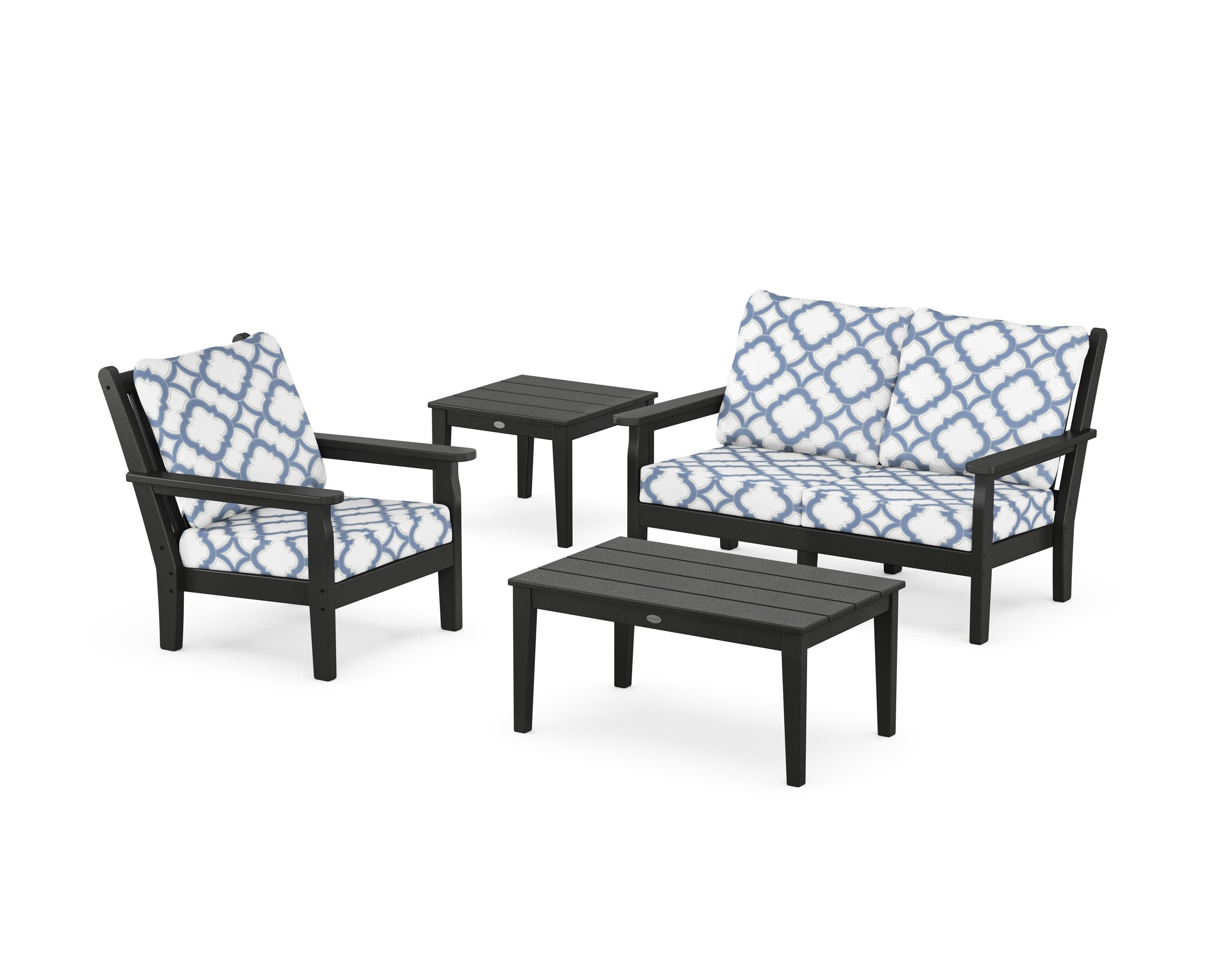 Chippendale 4-Piece Deep Seating Set in Black / Trellis Sky Blue