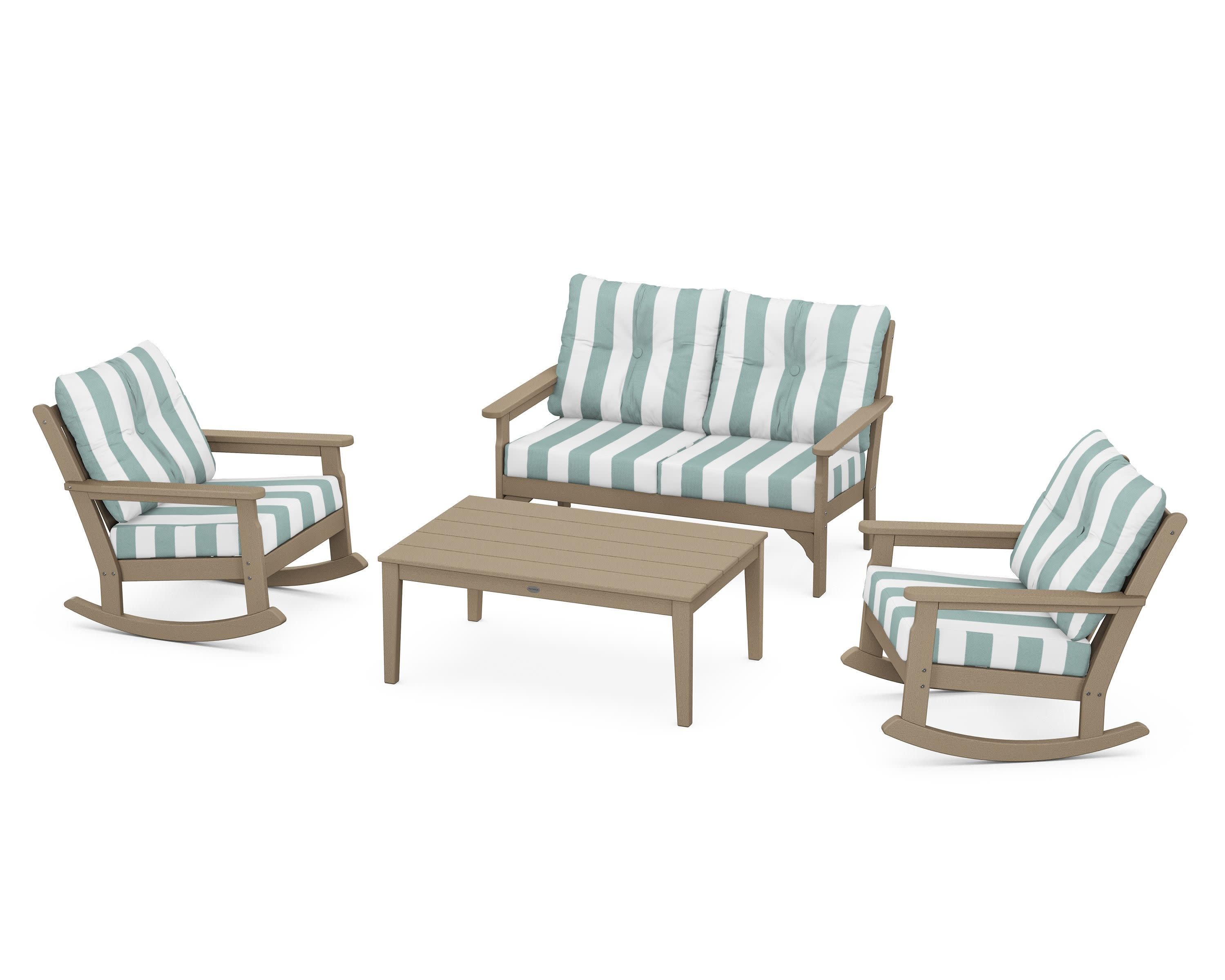 Vineyard 4-Piece Deep Seating Rocking Chair Set in Vintage Sahara / Cabana Stripe Glacier Spa