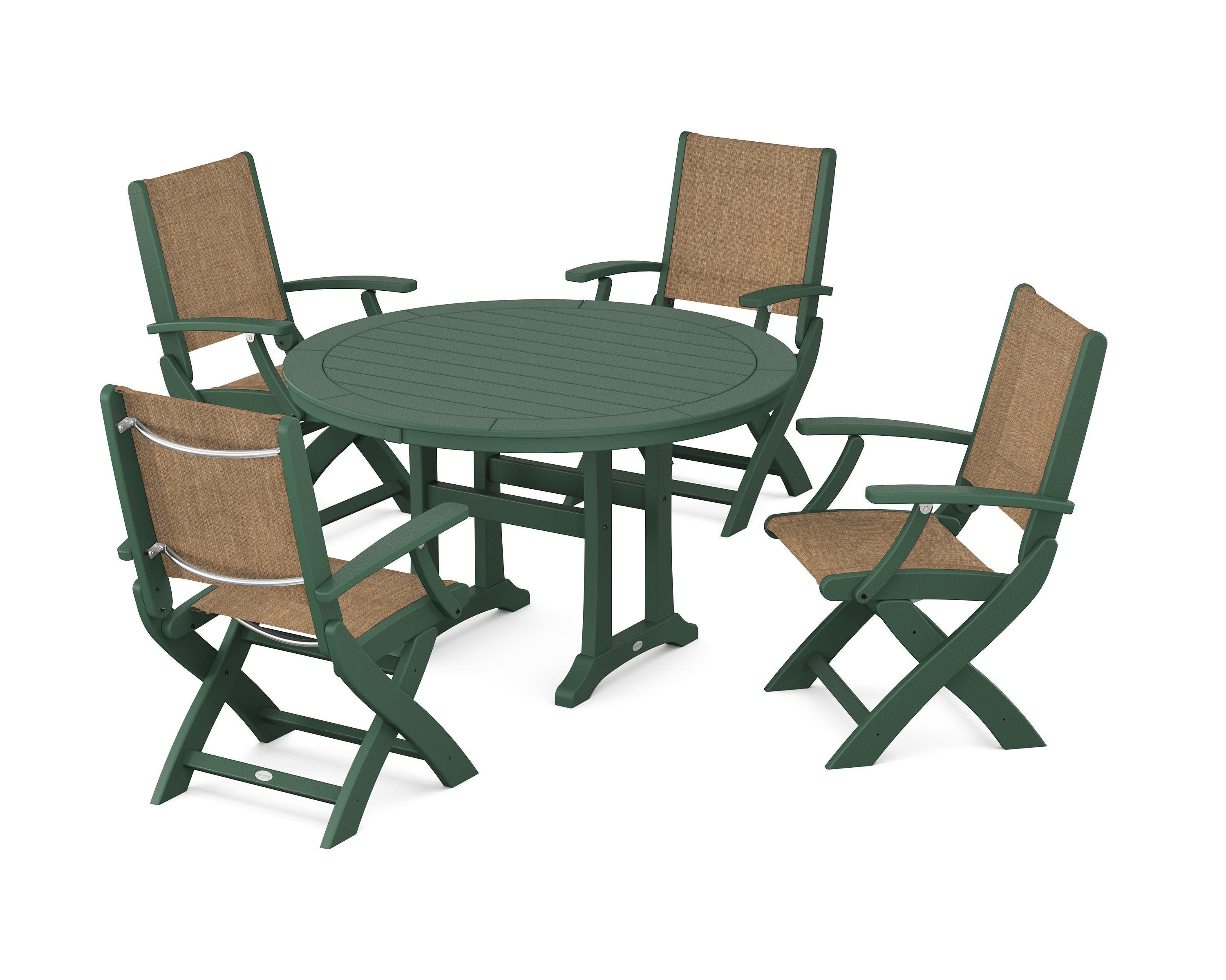 Coastal Folding Chair 5-Piece Round Dining Set with Trestle Legs in Green / Burlap Sling