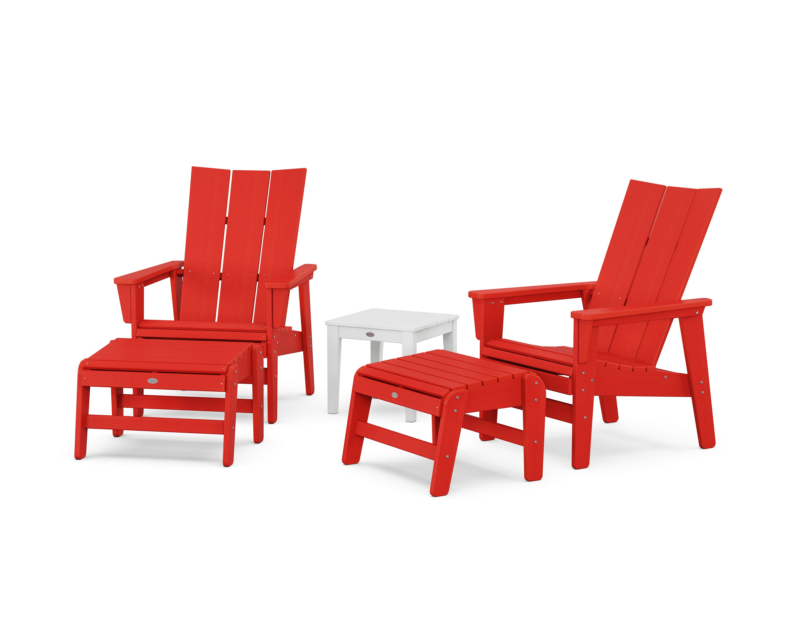 5-Piece Modern Grand Upright Adirondack Set with Ottomans and Side Table in Sunset Red / White