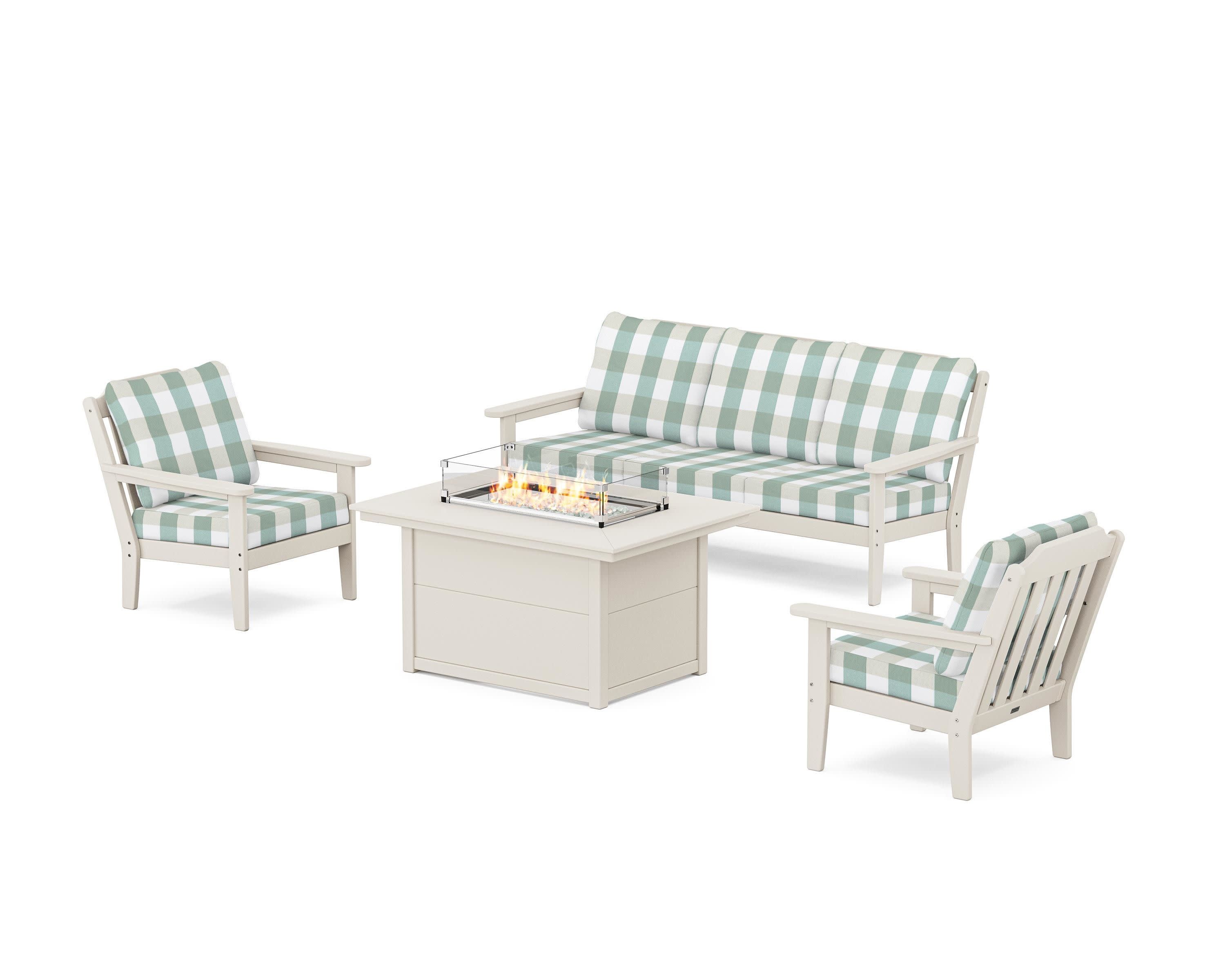 Cottage Deep Seating Fire Pit Table Set in Sand / Buffalo Plaid Glacier Spa