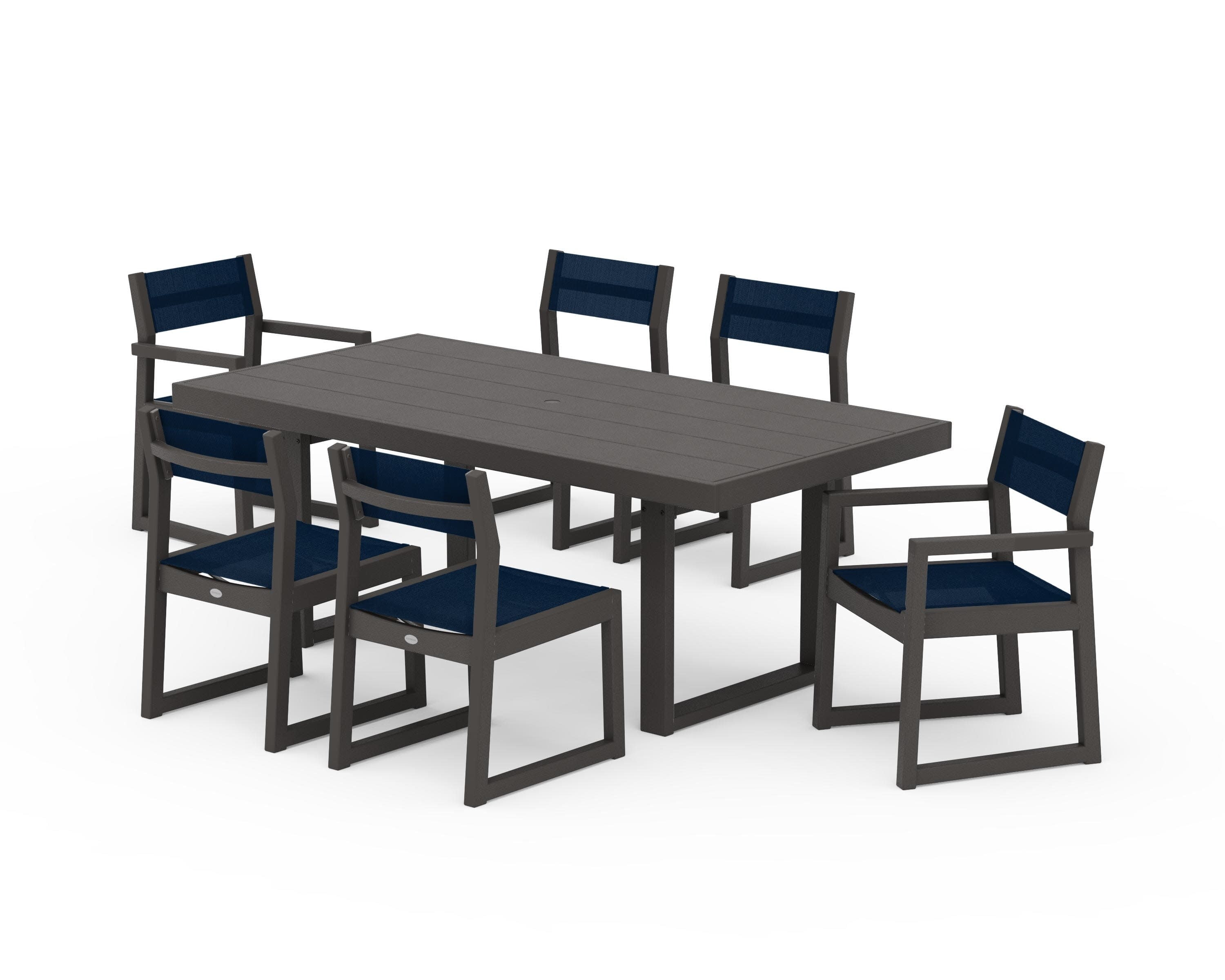 EDGE Sling 7-Piece Dining Set in Vintage Coffee / Navy Blue Sling
