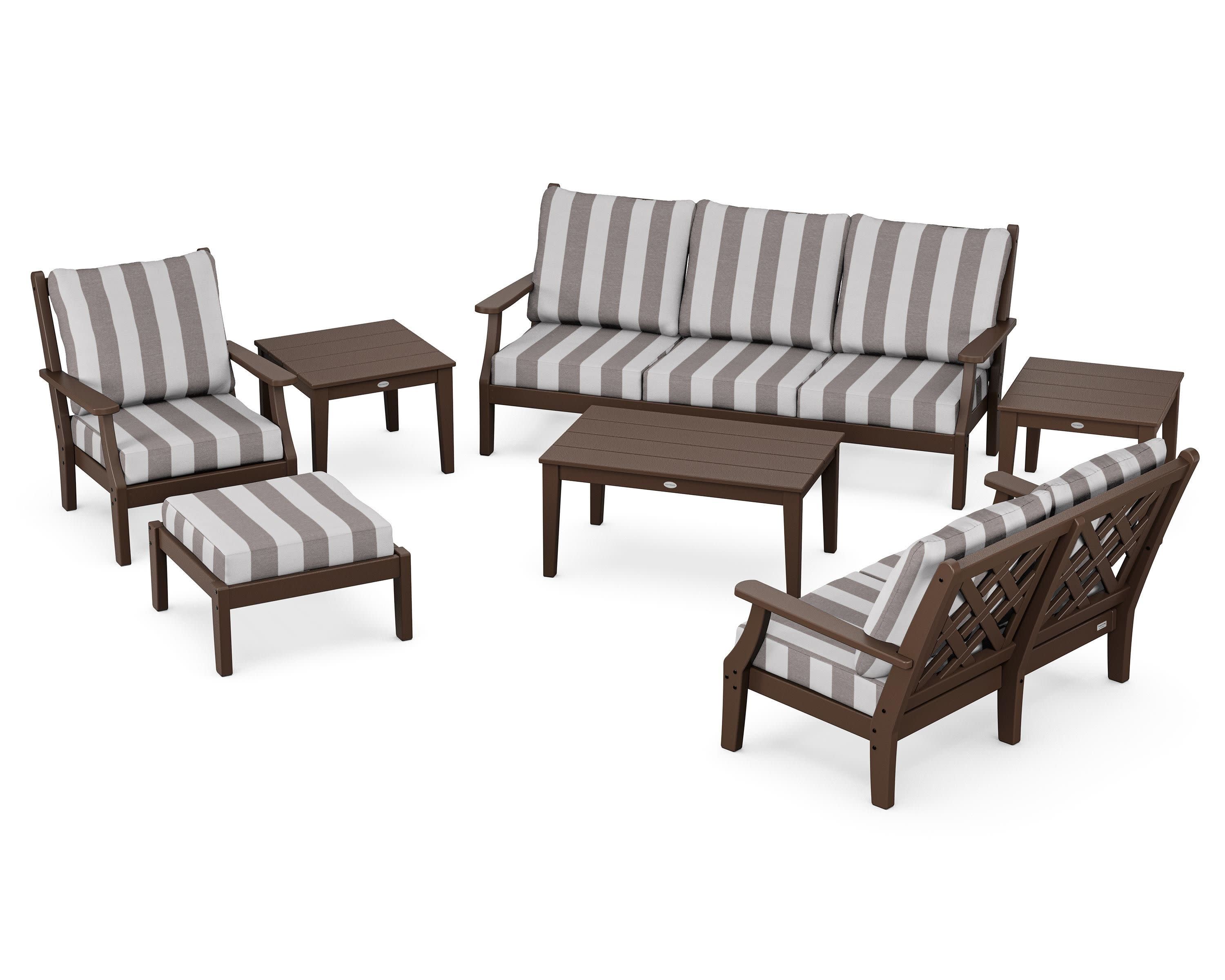 Wovendale 7-Piece Deep Seating Set in Mahogany / Cabana Stripe Grey Mist