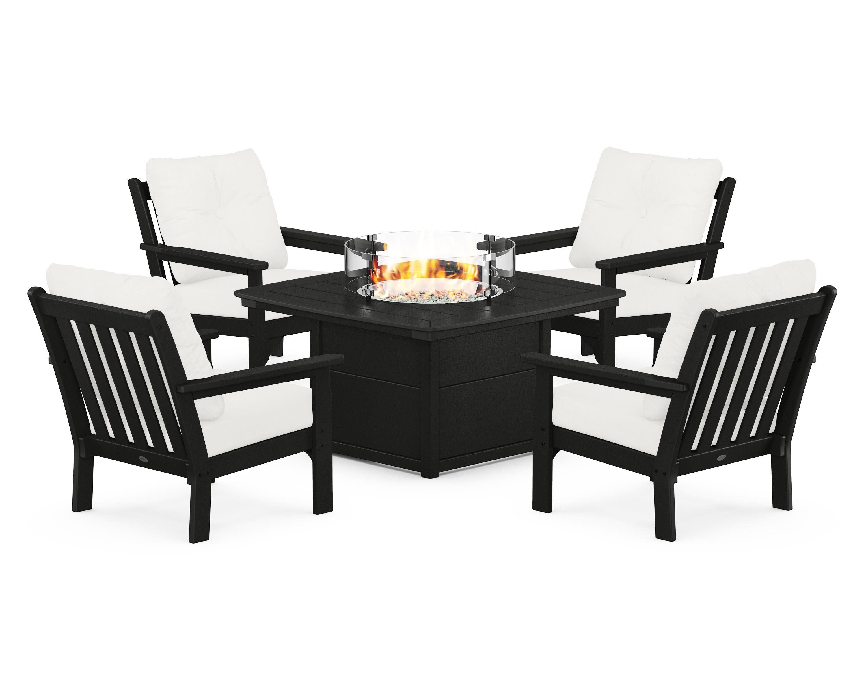 Vineyard 5-Piece Conversation Set with Fire Pit Table in Black / Natural Linen
