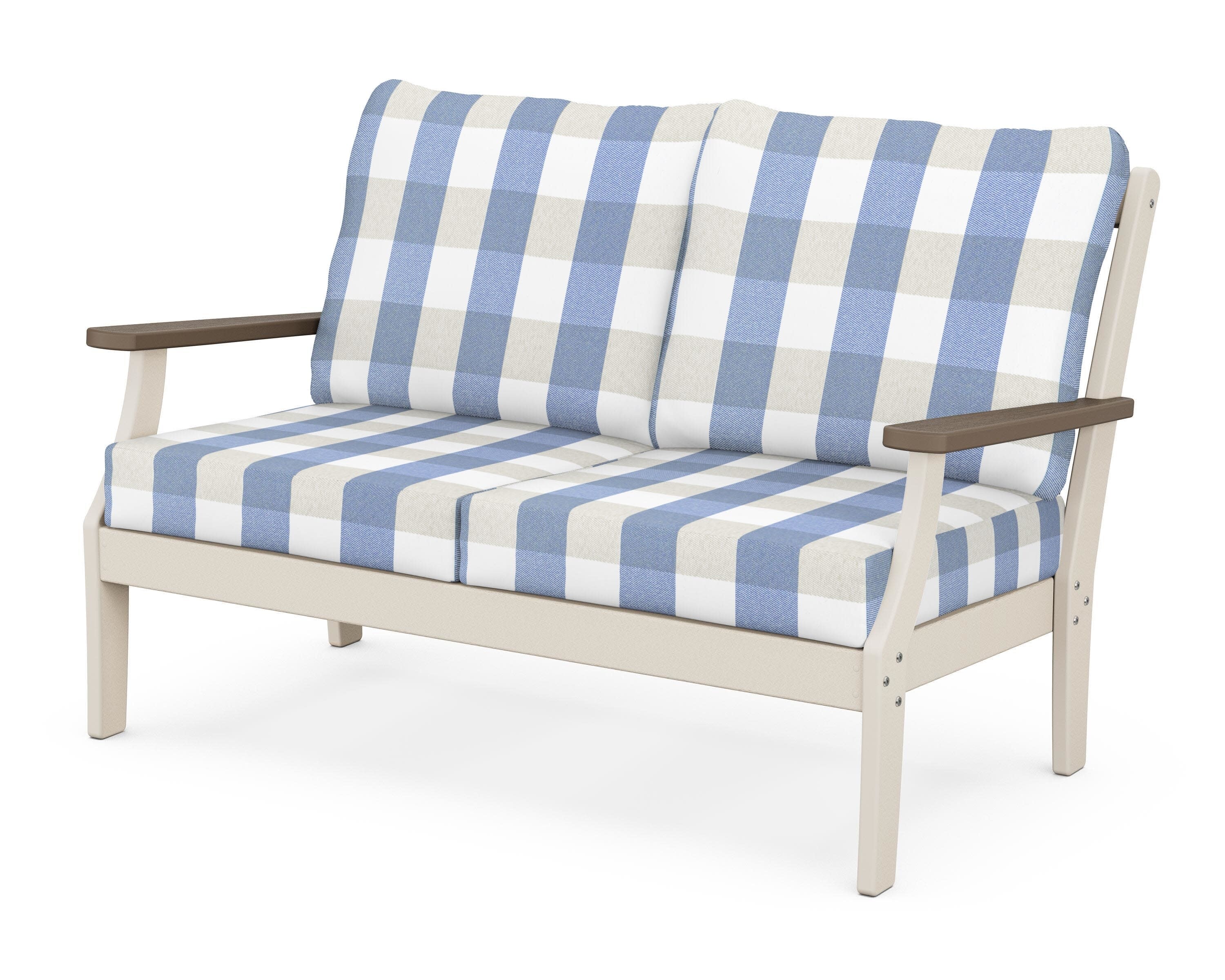 Braxton Deep Seating Loveseat in Sand / Kona / Buffalo Plaid Sky Blue