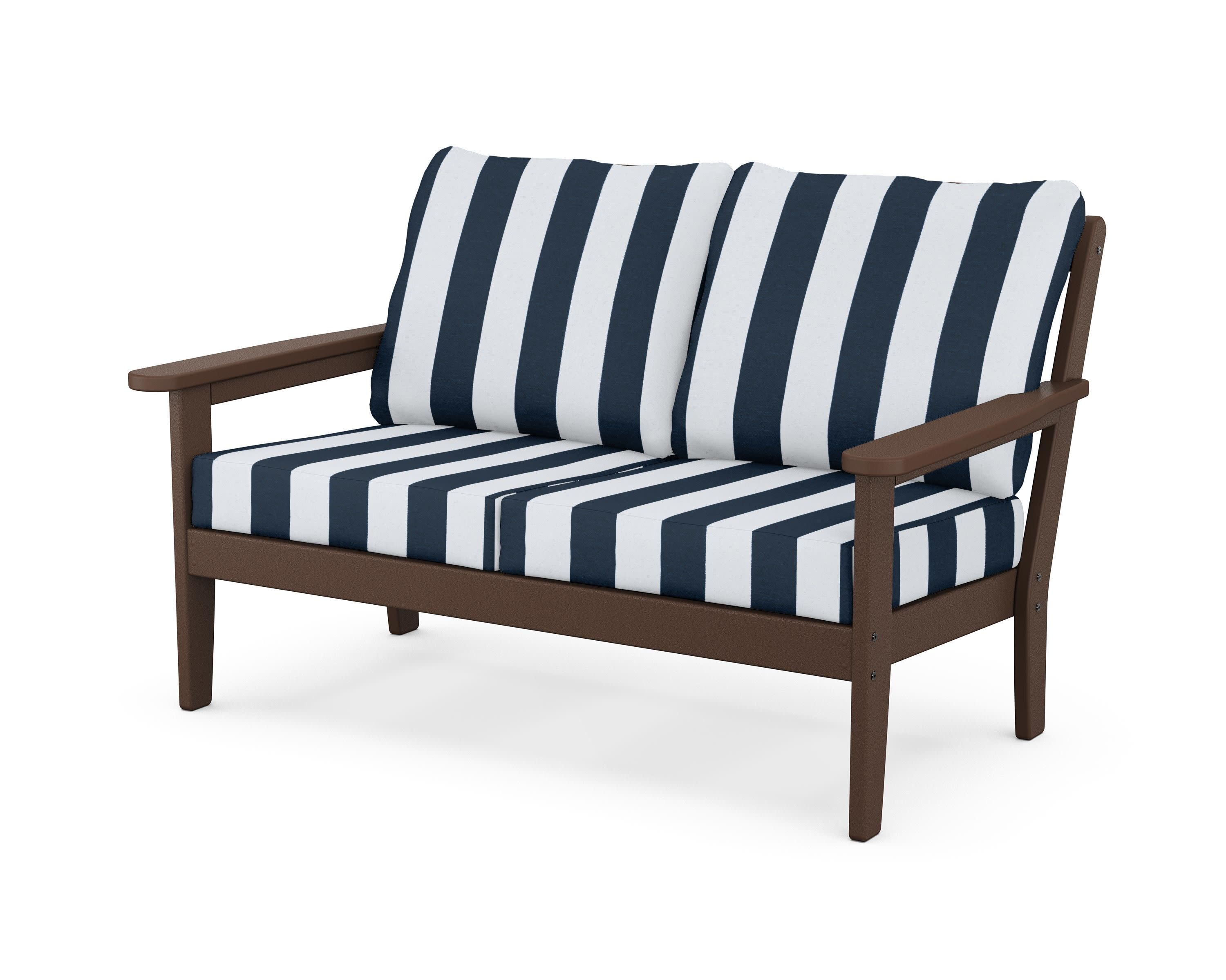 Cottage Deep Seating Loveseat in Mahogany / Cabana Stripe Marine Indigo
