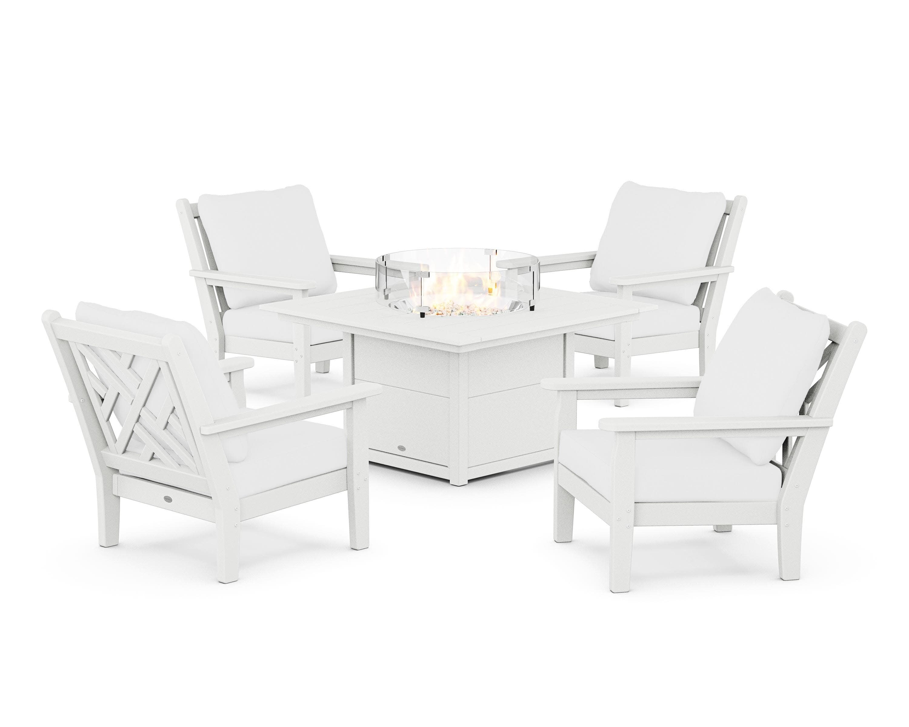 Chippendale 5-Piece Deep Seating Set with Fire Pit Table in White / Natural