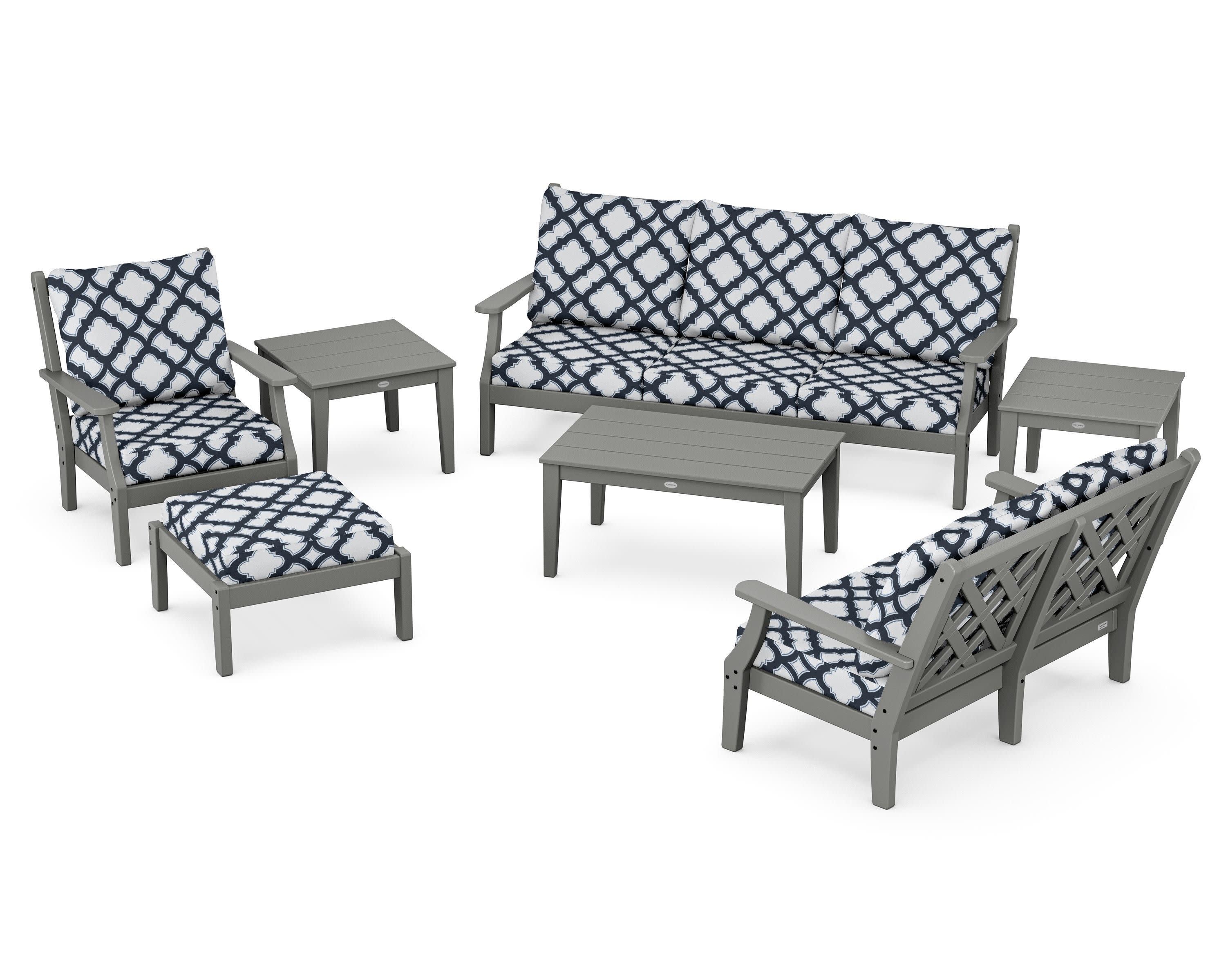 Wovendale 7-Piece Deep Seating Set in Slate Grey / Trellis Marine Indigo