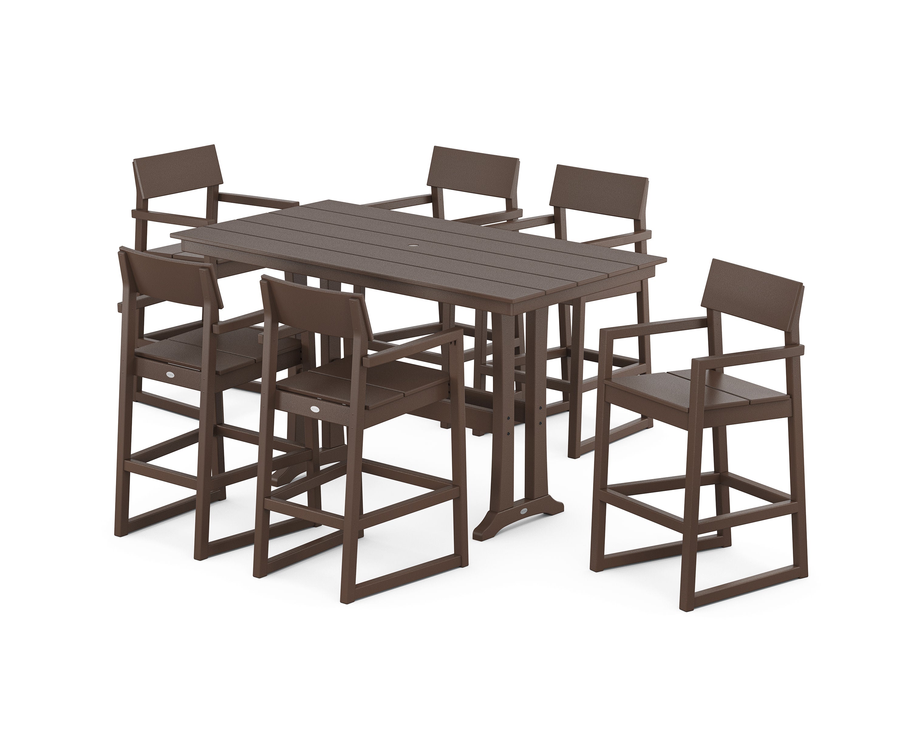 EDGE Arm Chair 7-Piece Farmhouse Bar Set with Trestle Legs in Mahogany