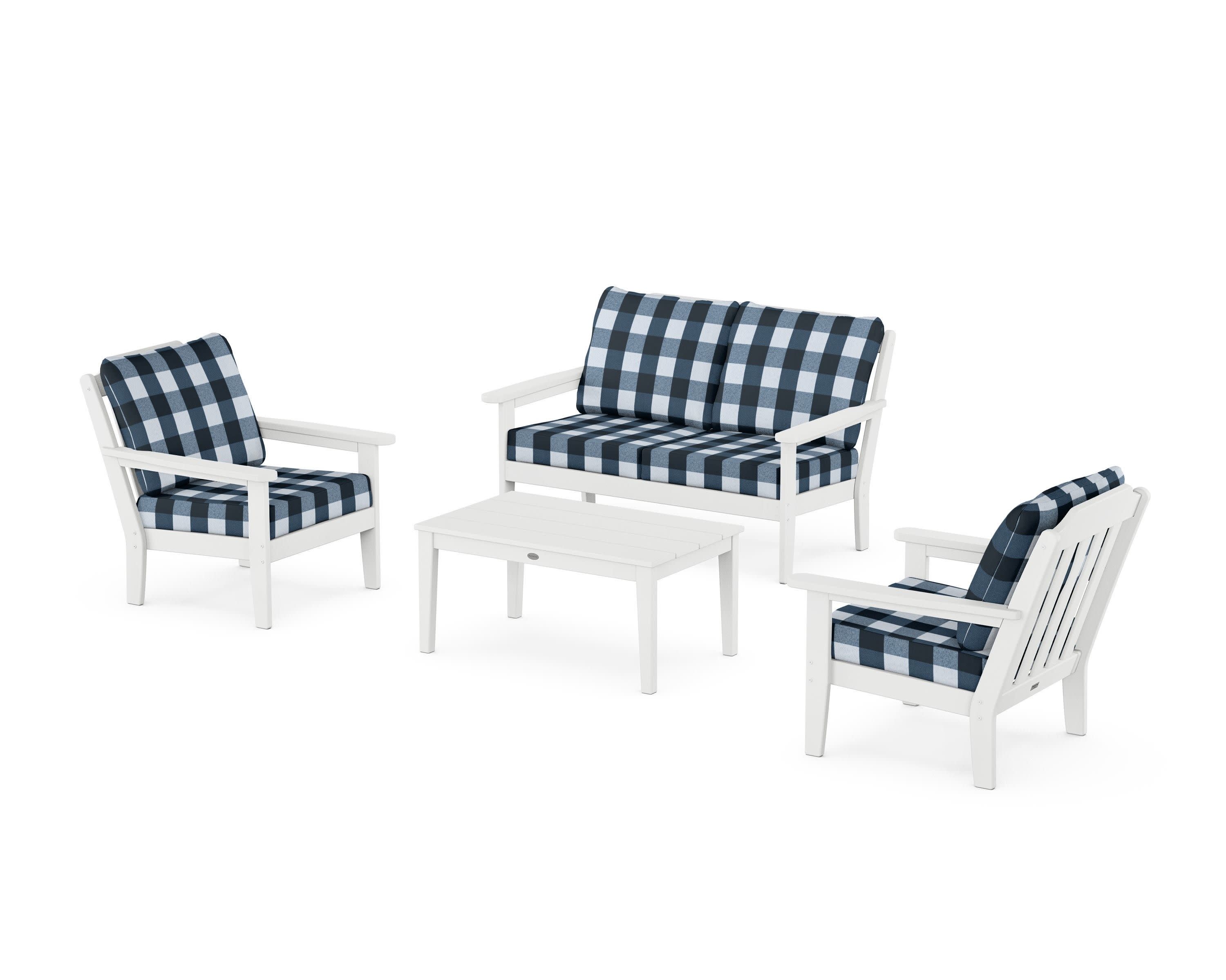 Cottage 4-Piece Deep Seating Set with Loveseat in White / Buffalo Plaid Marine Indigo