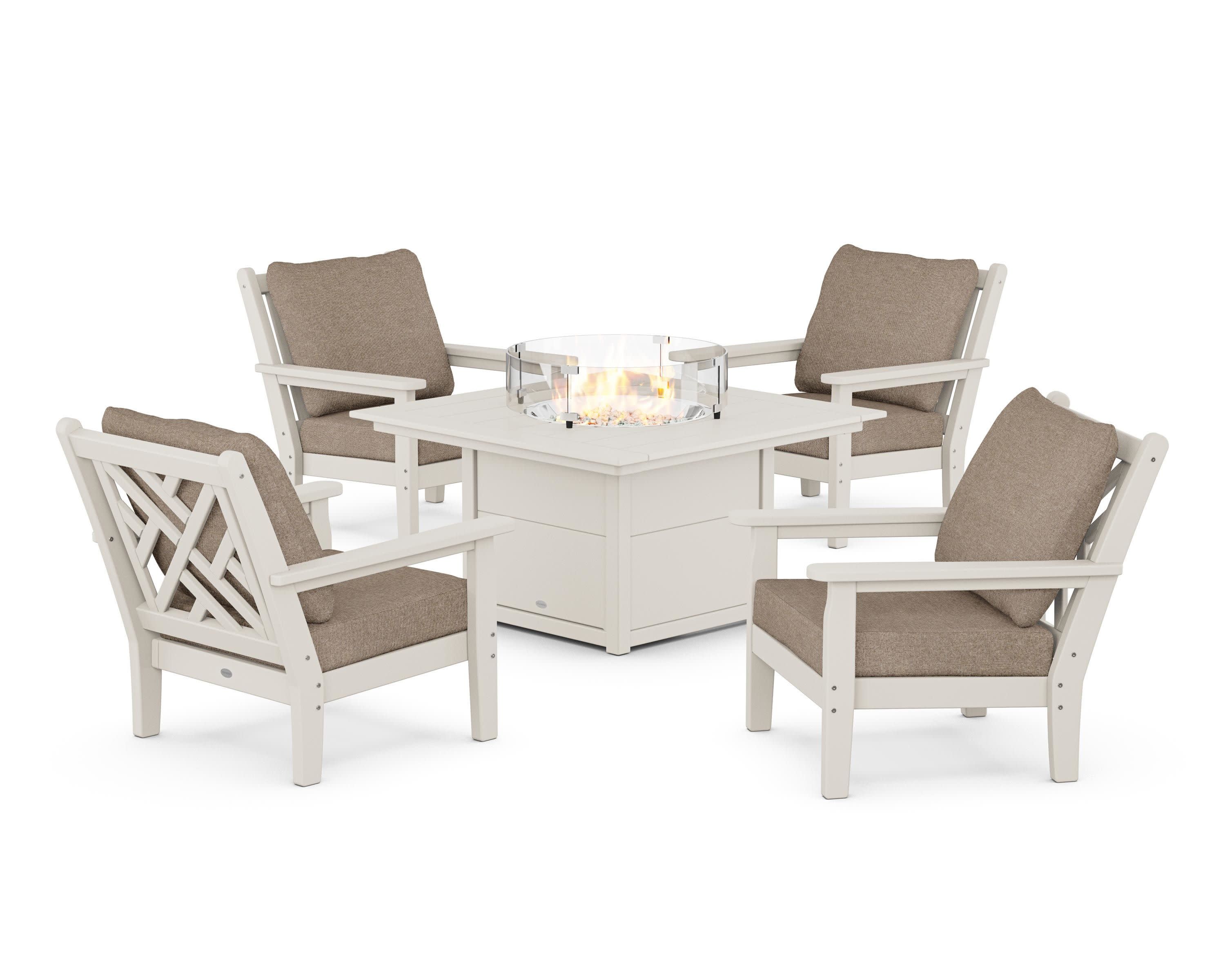 Chippendale 5-Piece Deep Seating Set with Fire Pit Table in Sand / Spiced Burlap