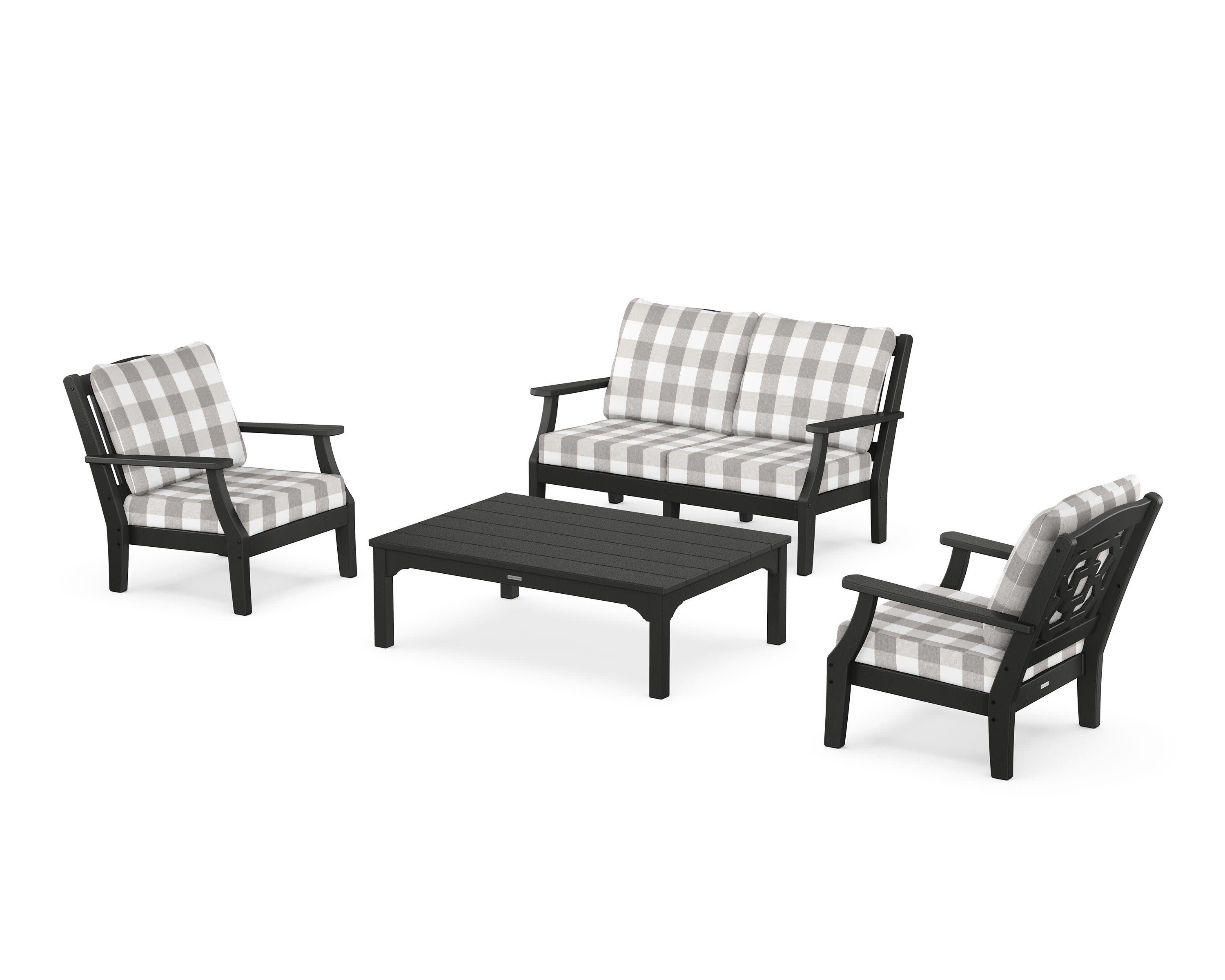 Chinoiserie 4-Piece Deep Seating Set with Loveseat in Black / Buffalo Plaid Grey Mist