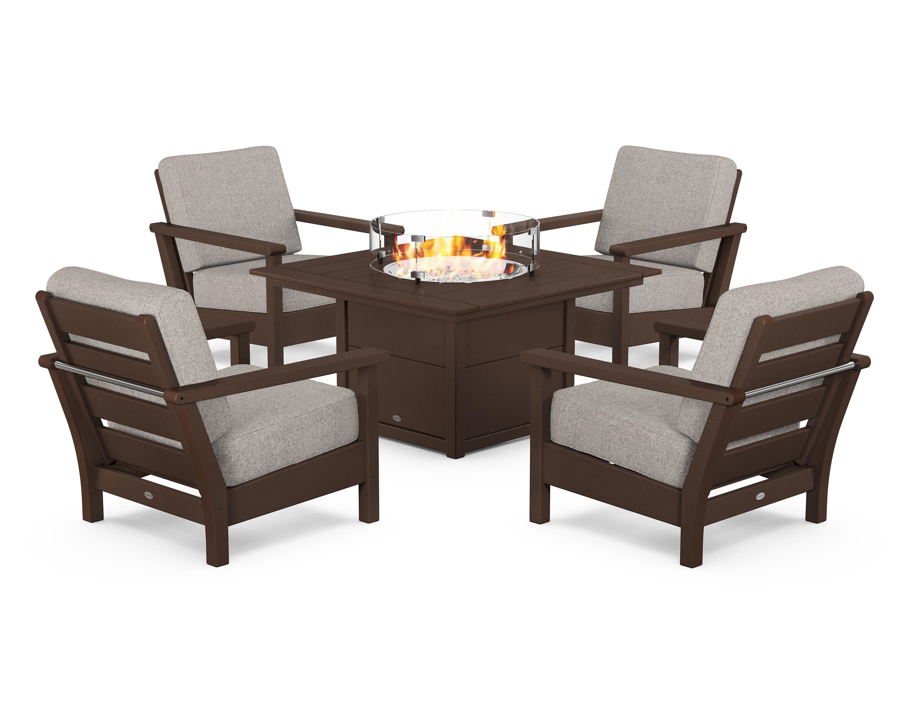 Harbour 5-Piece Conversation Set with Fire Pit Table in Mahogany / Weathered Tweed