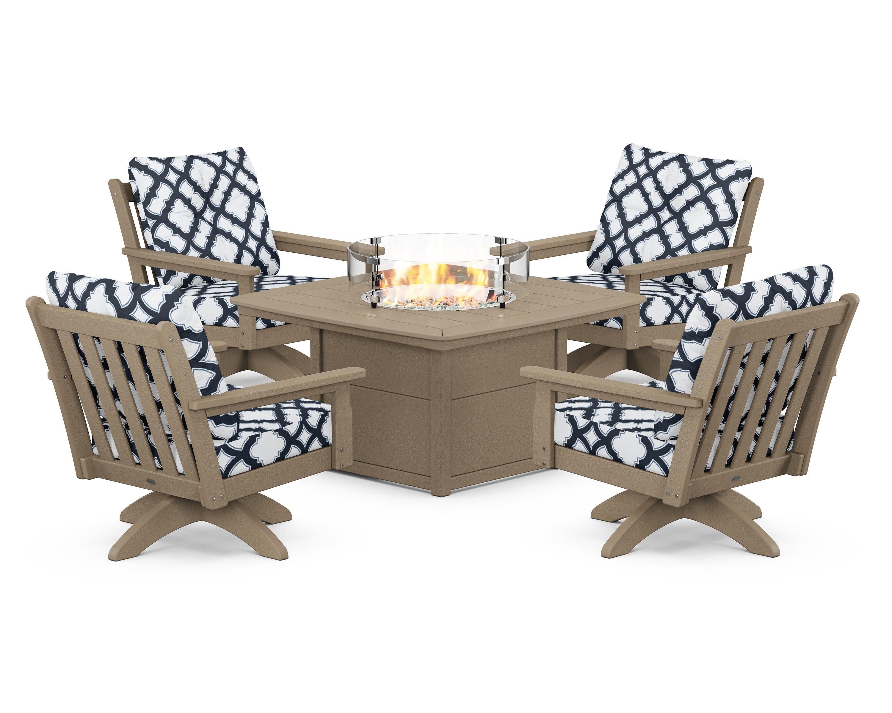Vineyard 5-Piece Deep Seating Swivel Conversation Set with Fire Pit Table in Vintage Sahara / Trellis Marine Indigo