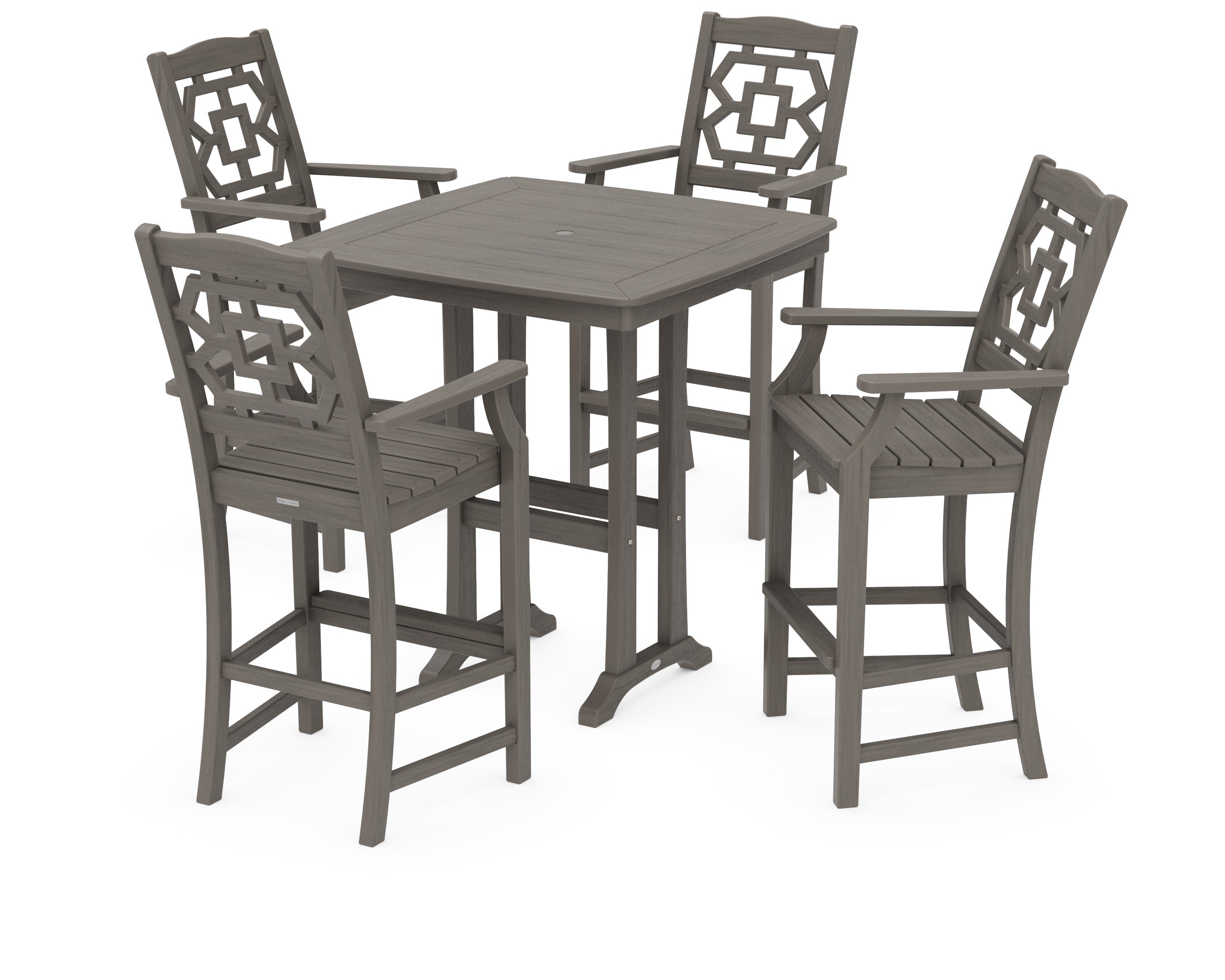Chinoiserie 5-Piece Bar Set with Trestle Legs in Driftwood