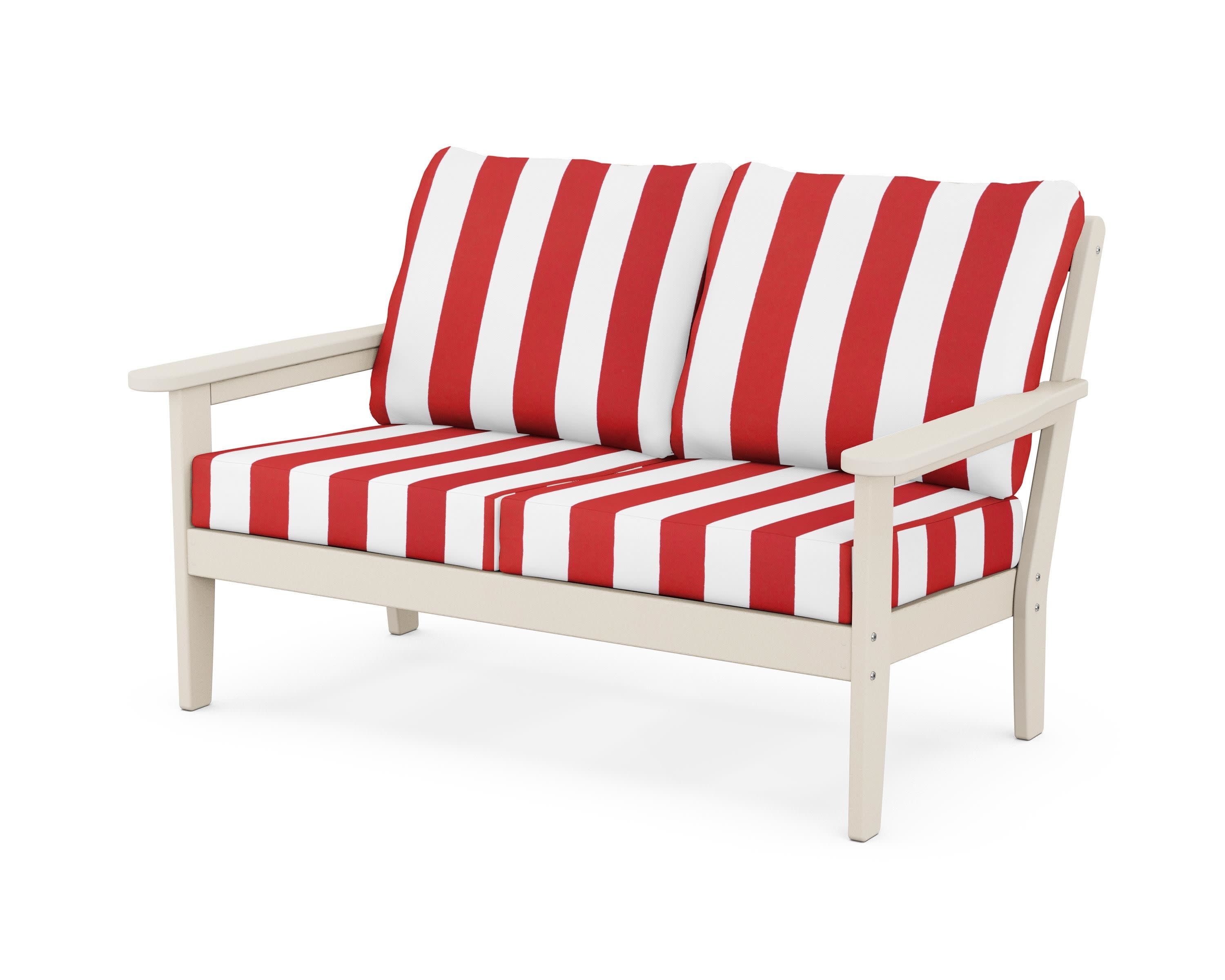 Cottage Deep Seating Loveseat in Sand / Cabana Stripe Crimson