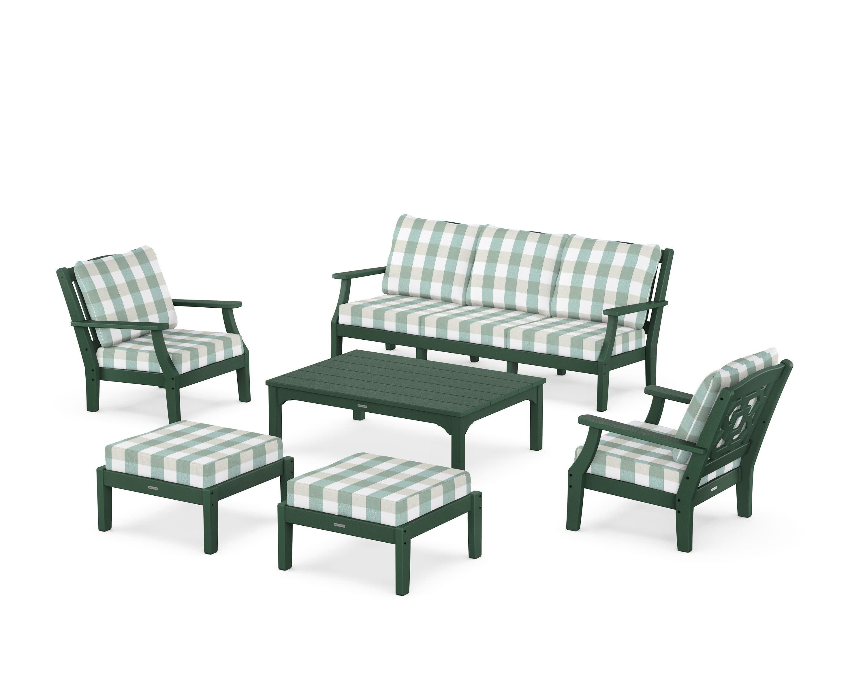 Chinoiserie 6-Piece Lounge Sofa Set in Green / Buffalo Plaid Glacier Spa