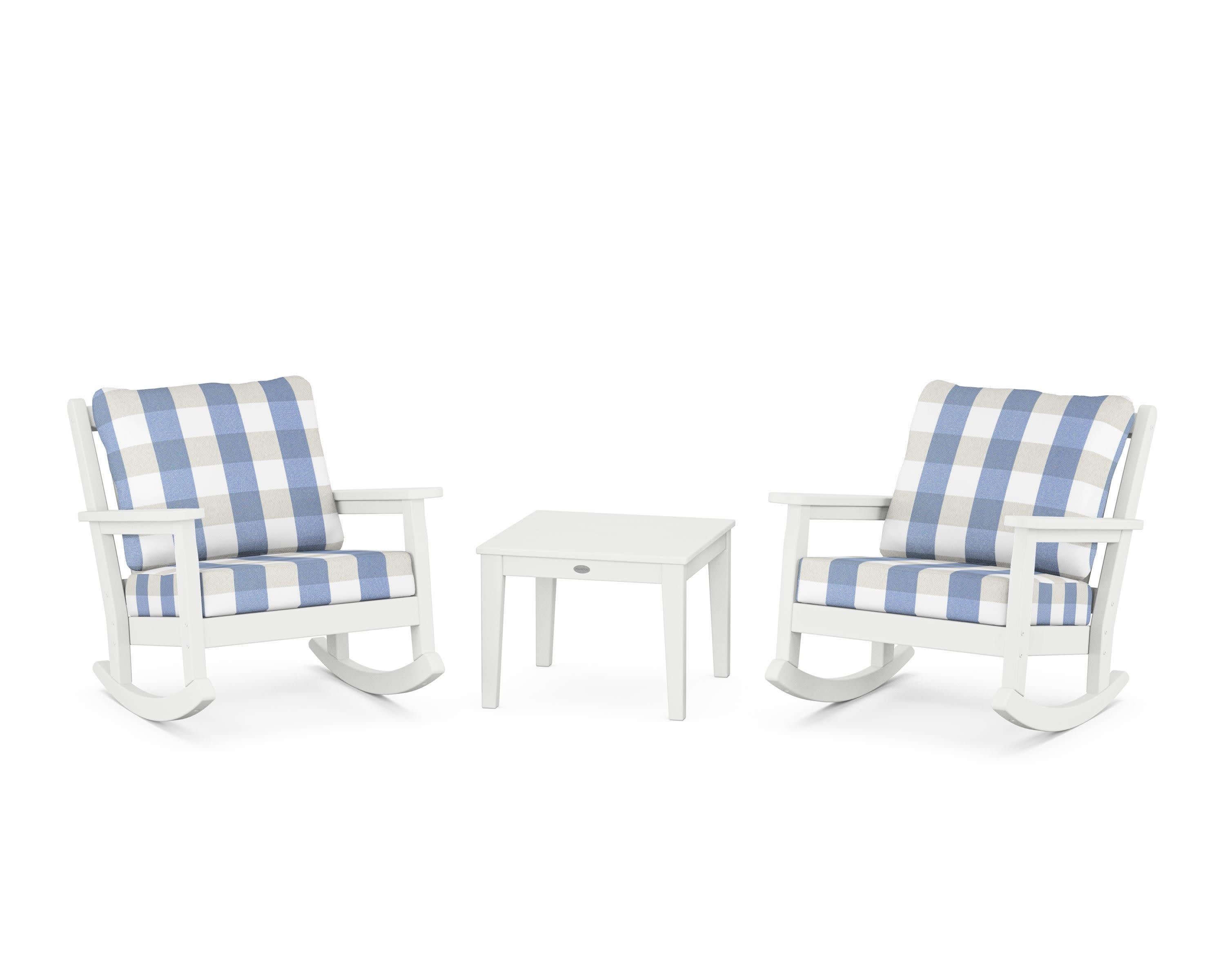 Chippendale 3-Piece Deep Seating Rocker Set in White / Buffalo Plaid Sky Blue