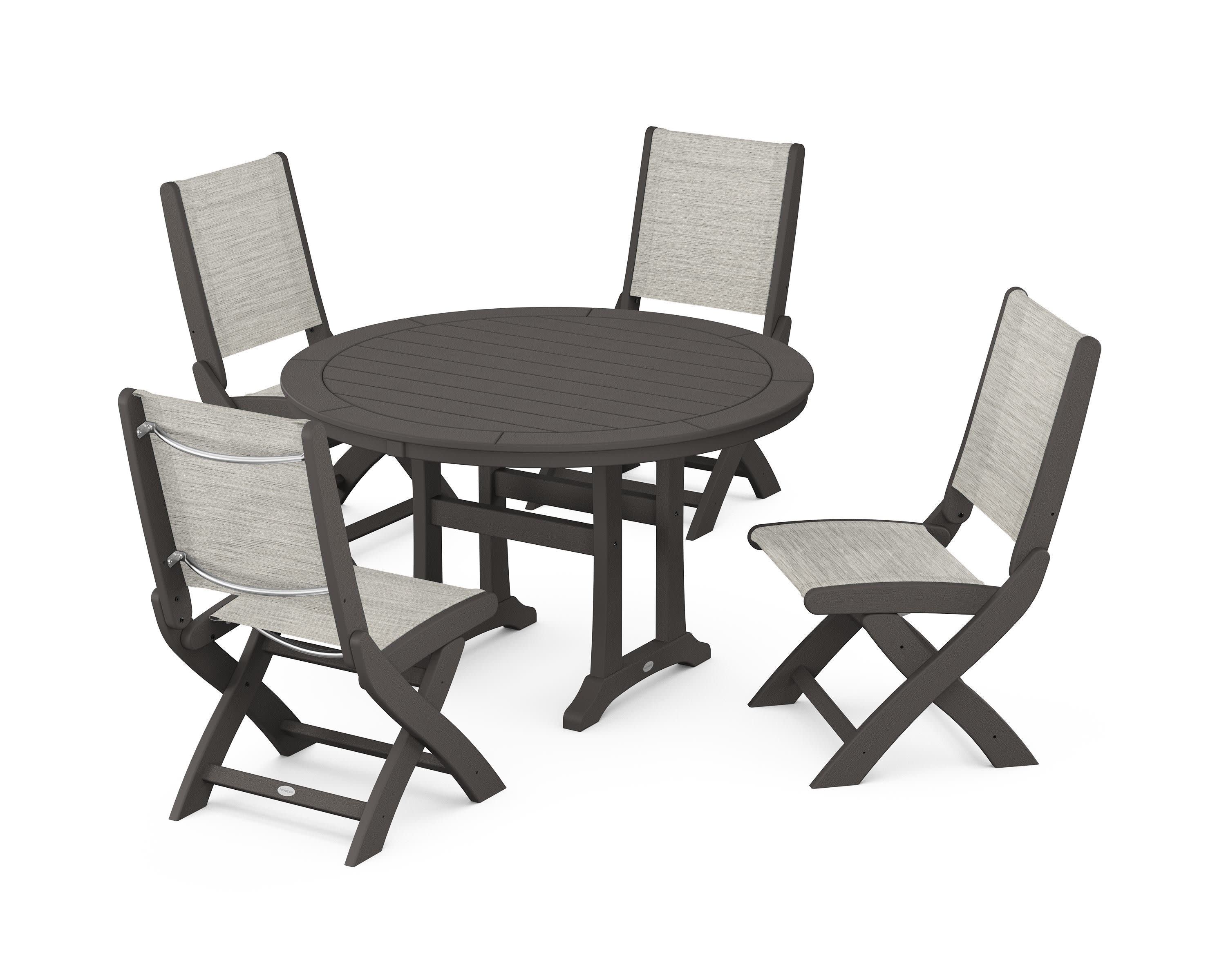 Coastal Folding Side Chair 5-Piece Round Dining Set With Trestle Legs in Vintage Coffee / Birch Sling