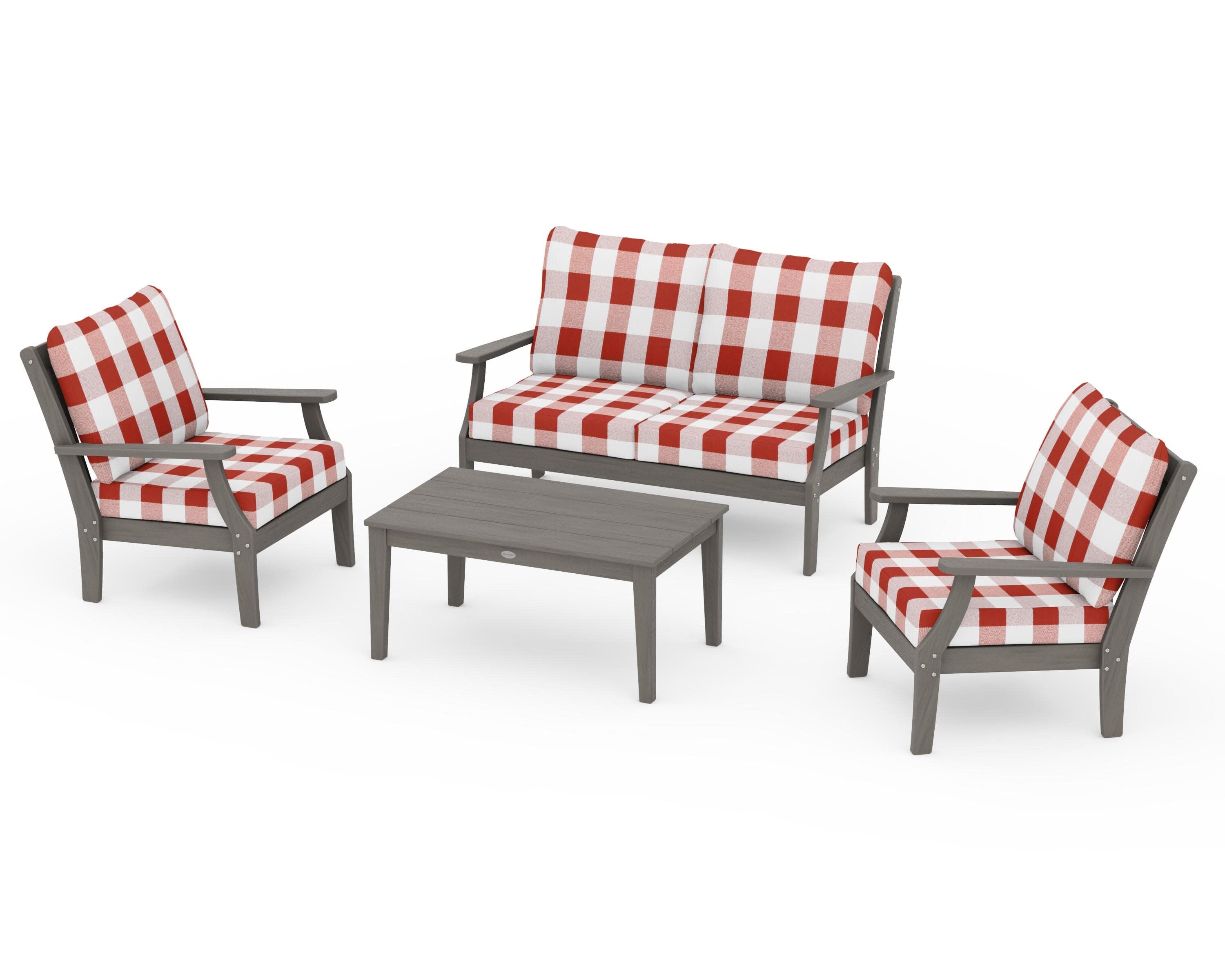 Braxton 4-Piece Deep Seating Chair Set in Driftwood / Buffalo Plaid Crimson