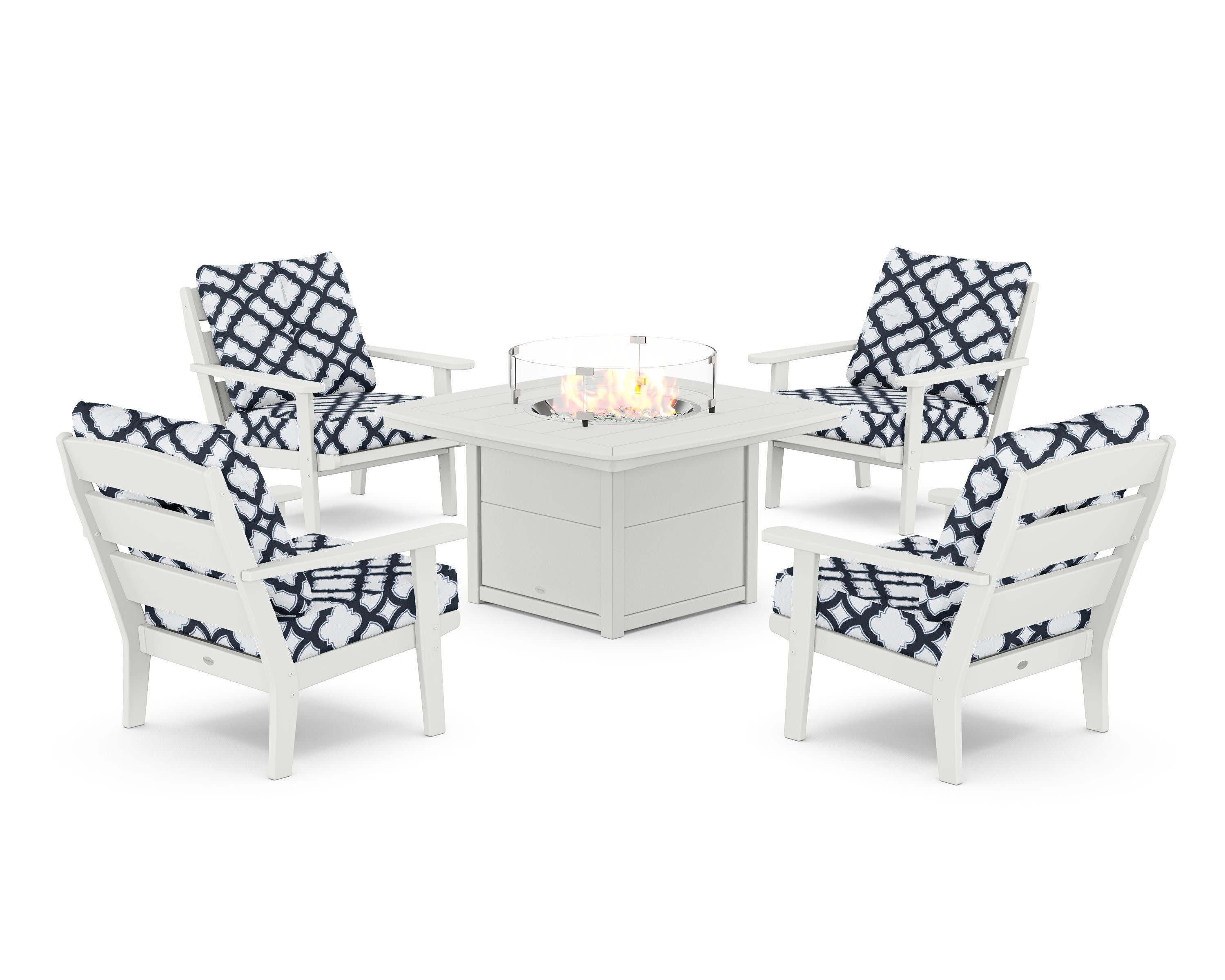 Lakeside 5-Piece Deep Seating Set with Nautical Fire Pit Table in White / Trellis Marine Indigo