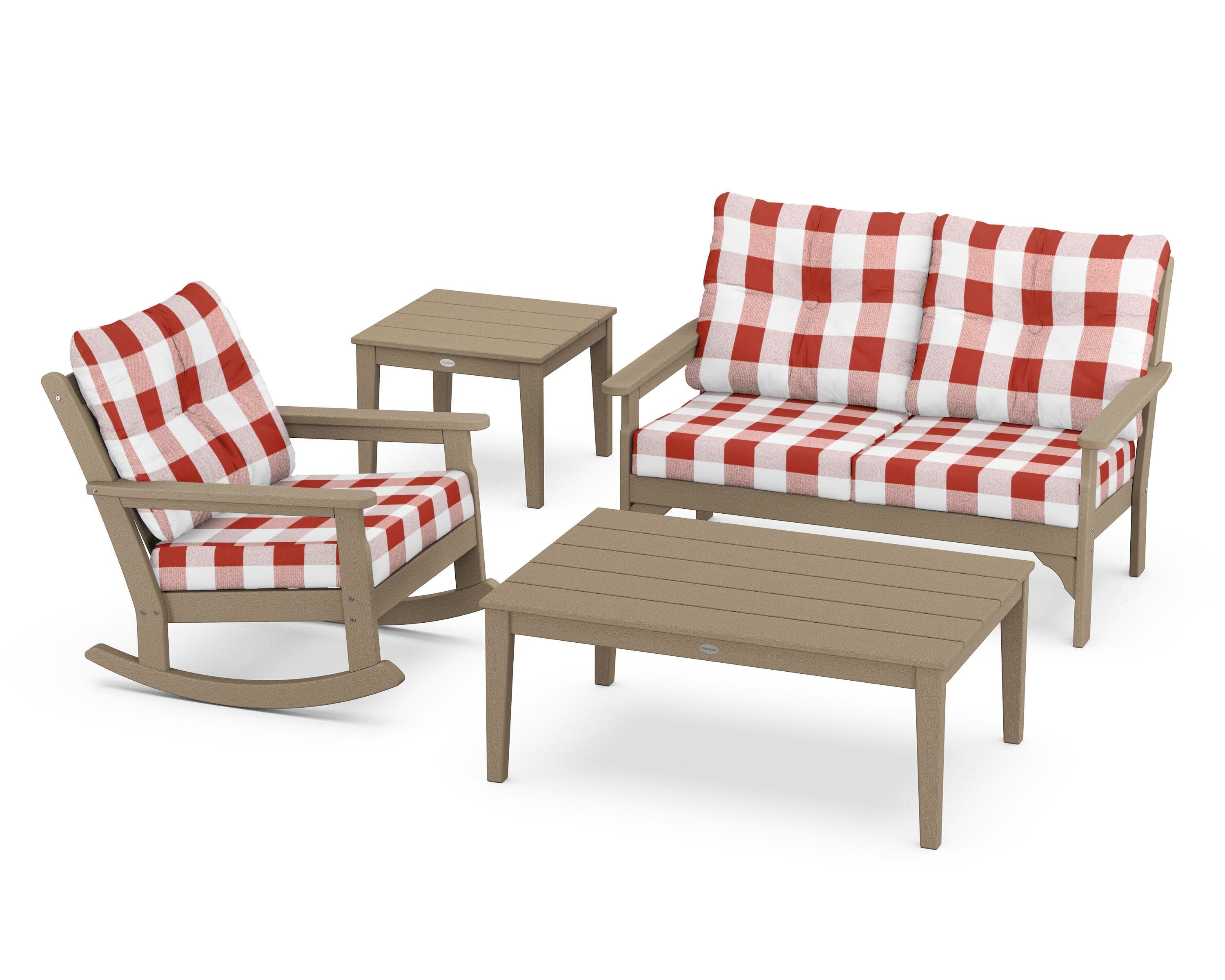 Vineyard 4-Piece Deep Seating Rocker Set in Vintage Sahara / Buffalo Plaid Crimson
