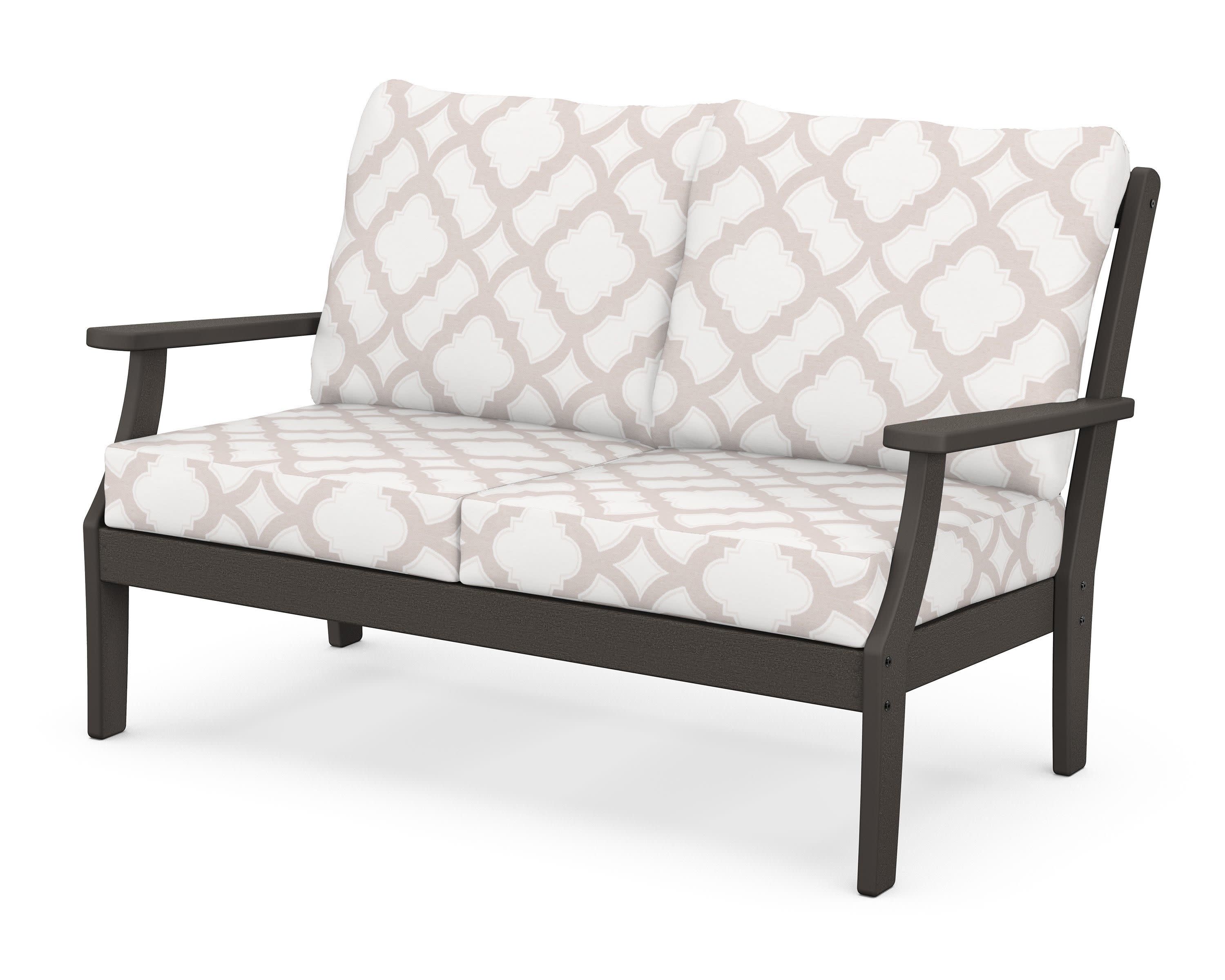 Braxton Deep Seating Loveseat in Vintage Coffee / Trellis Dune Burlap